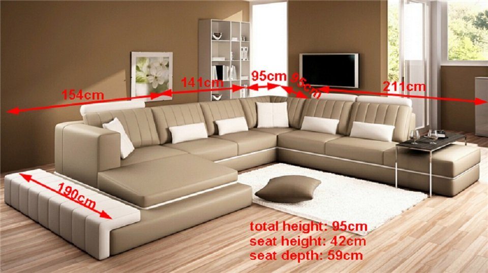 JVmoebel Ecksofa, Leder Modern Couch Leder Sofa U-Form Ledersofa Beige Wohnlandschaft