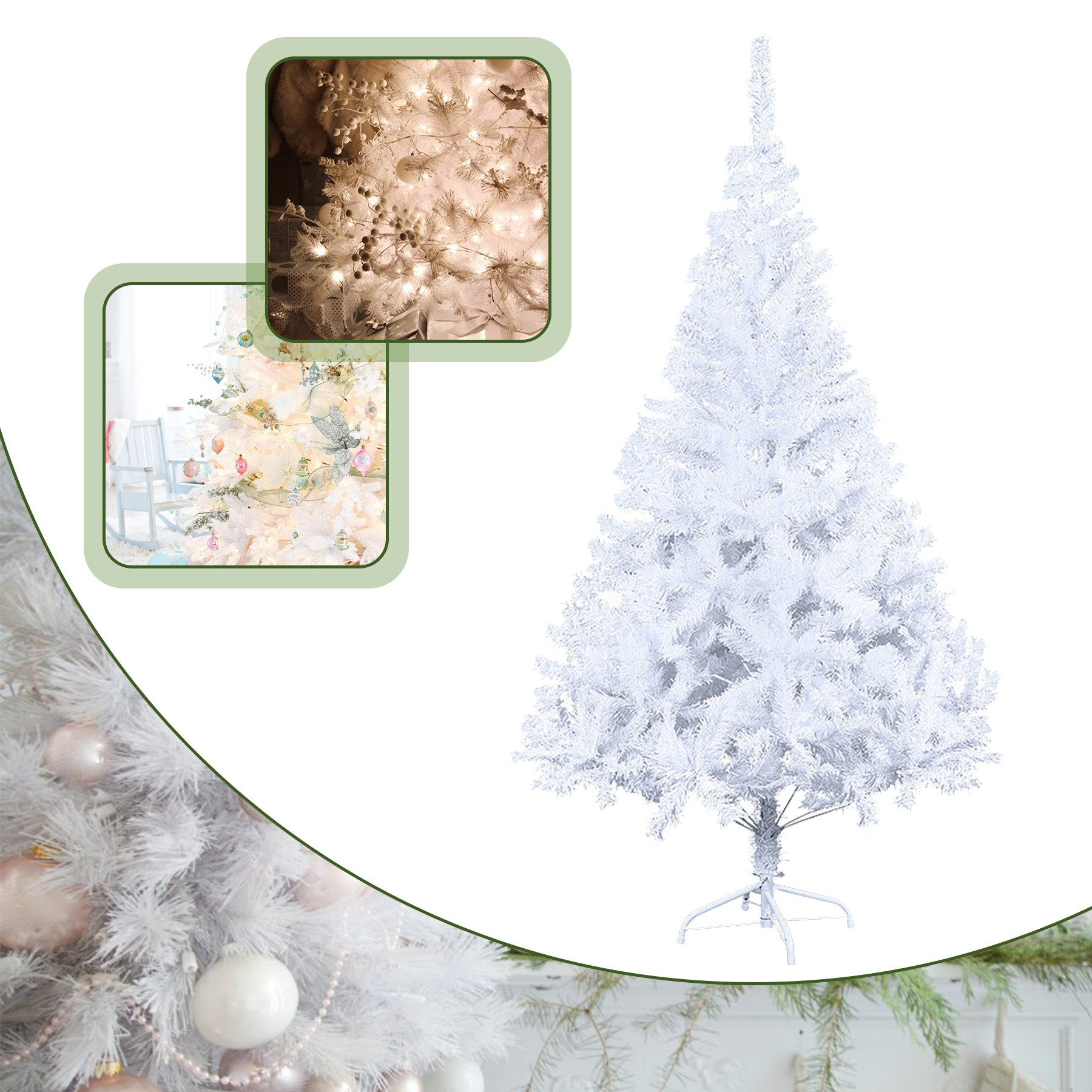 Clanmacy Künstlicher Weihnachtsbaum Christbaum mit Ständer, Schwer Entflammbar PVC Tannenbaum Grün/Weiß, Chinesische Tanne, DIY passende Dekoration
