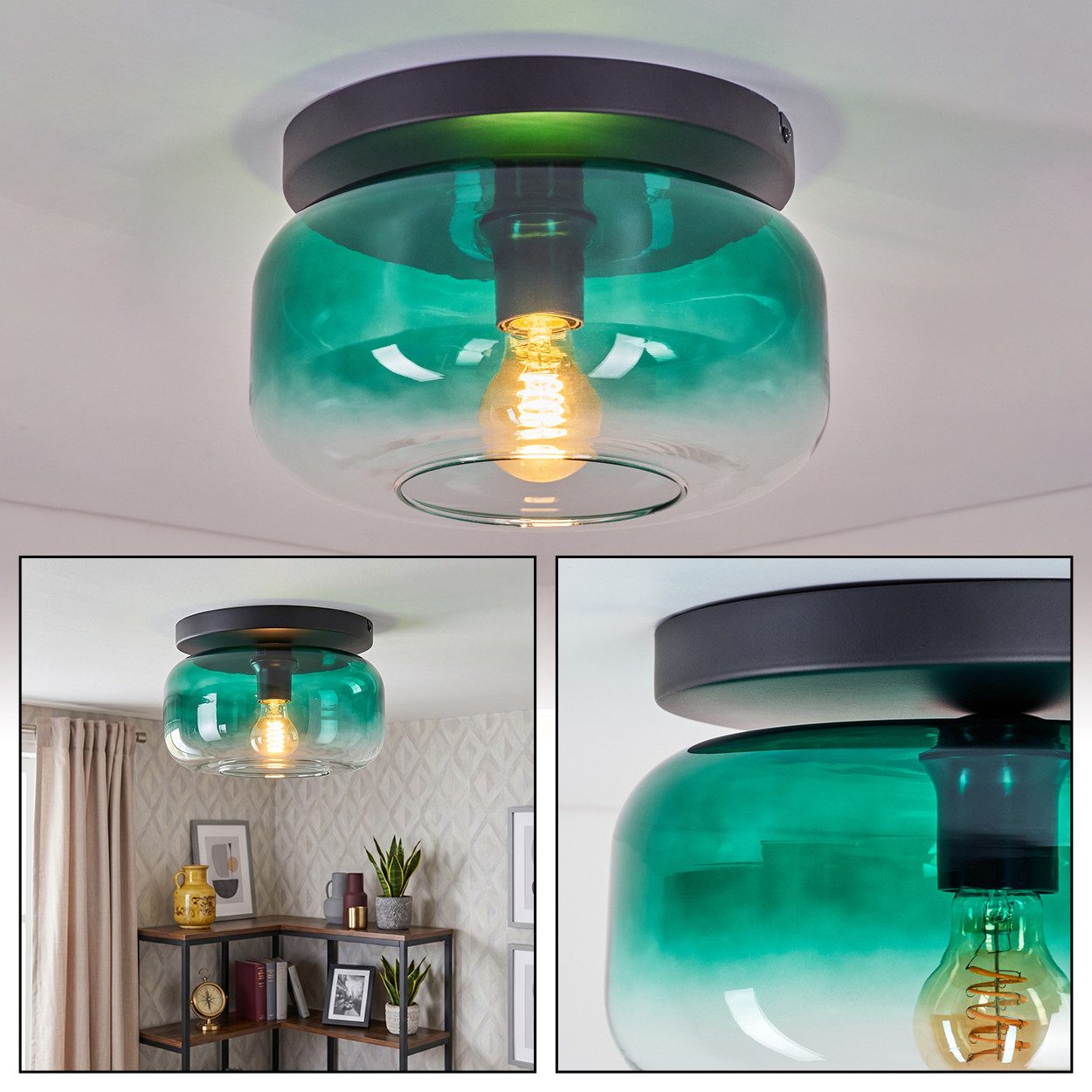 hofstein Deckenleuchte Deckenlampe aus Metall/Glas in Schwarz/Dunkelgrün/Klar, moderne Deckenleuchte im Retro/Vintage-Design, Ø 28 cm, E27