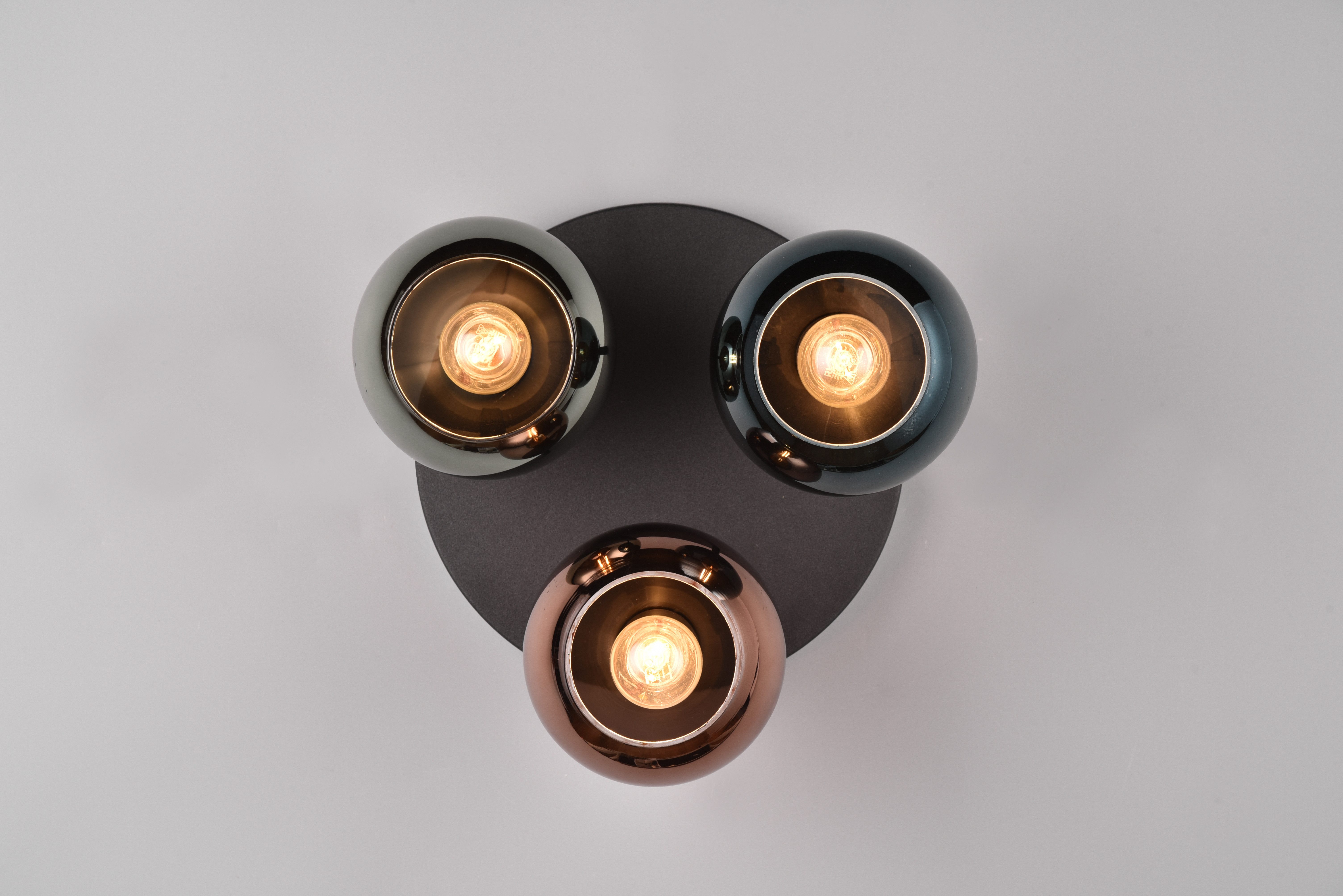 Reality Leuchten Deckenleuchte SHELDON, Deckenlampe 3-flammig exkl 3x E14 max 10W Glasschirme bunt, Leuchtmittel wechselbar, warmweiß - kaltweiß, Ø gesamt 33cm, Deckenleuchte blau grün + kupfer Glas verspiegelt