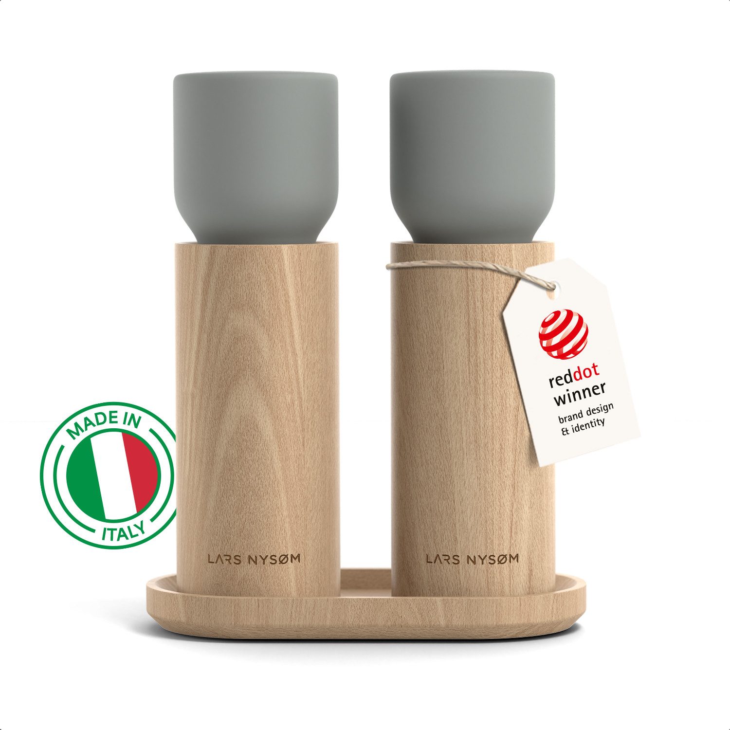 LARS NYSØM Gewürzmühle Ligevægt manuelle Bedienung, (2 Stück), Gewürzmühlen aus Holz mit Untersetzer & Keramikmahlwerk