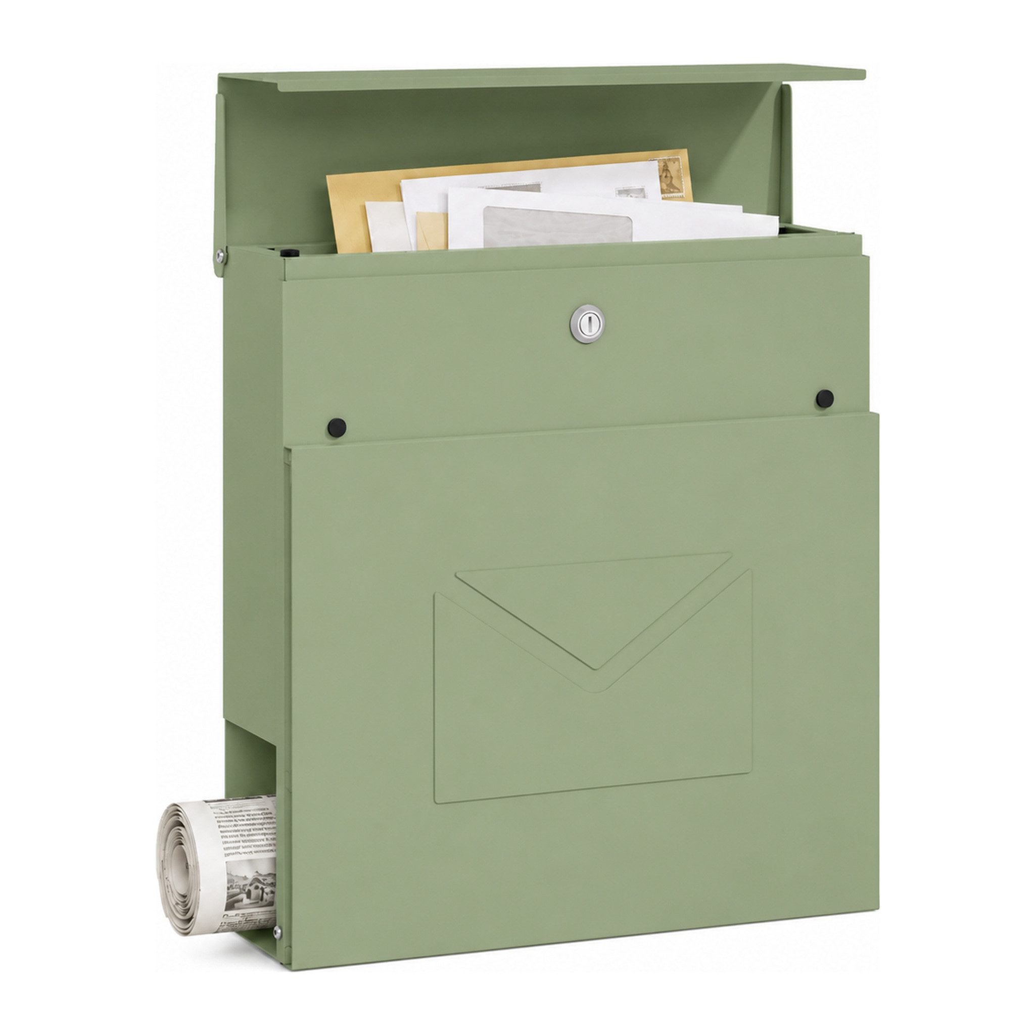 Kubus Briefkasten Milan aus Stahl mit Zeitungsfach & großem Einwurf in Grün, 2 Schlüssel inklusive, Abgedecktes Zylinderschloss