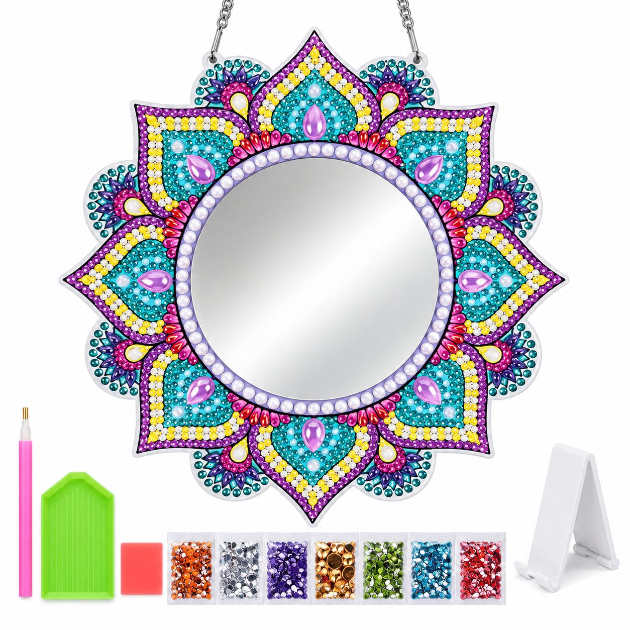 GOLDEN Gemälde Diamond Painting Spiegel Mandala, DIY-Set mit Standfuß und Kette