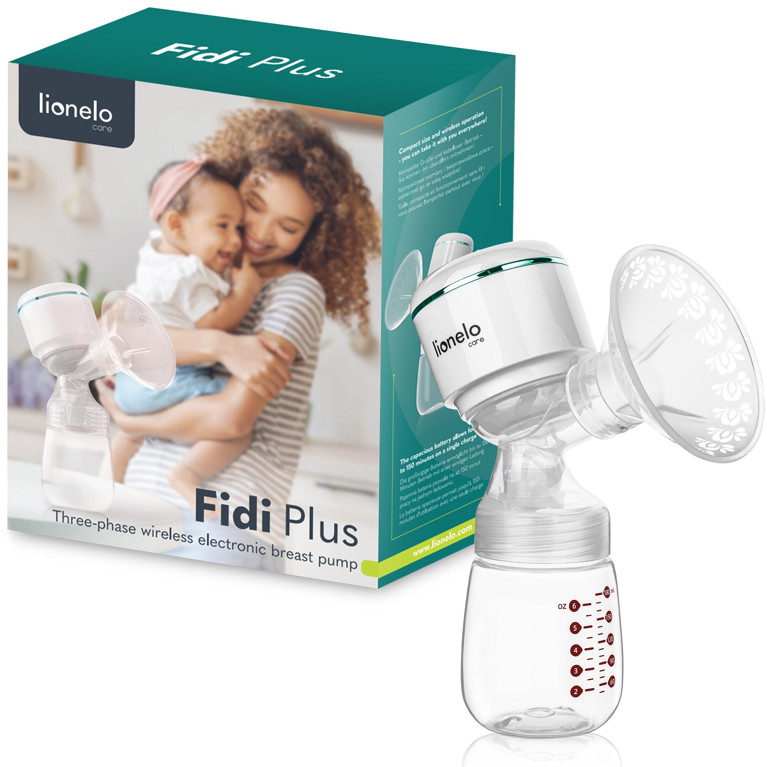 lionelo Elektrische Milchpumpe FIDI PLUS, Set, Set, 1200mAh/USB-C/5 Stufen (Massage) und 9 Stufen (Pumpen)