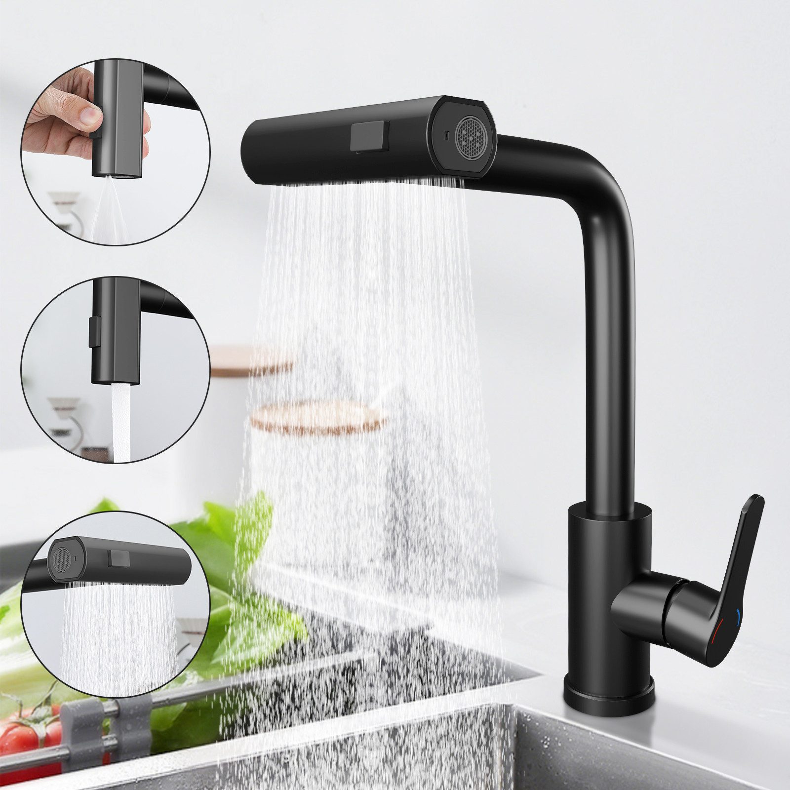 Nettlife Küchenarmatur Ausziehbar Edelstahl Wasserhahn Schwarz Spültischarmatur mit Brause Armatur Edelstahl 360° Drehbar mit 3 Strahlarten