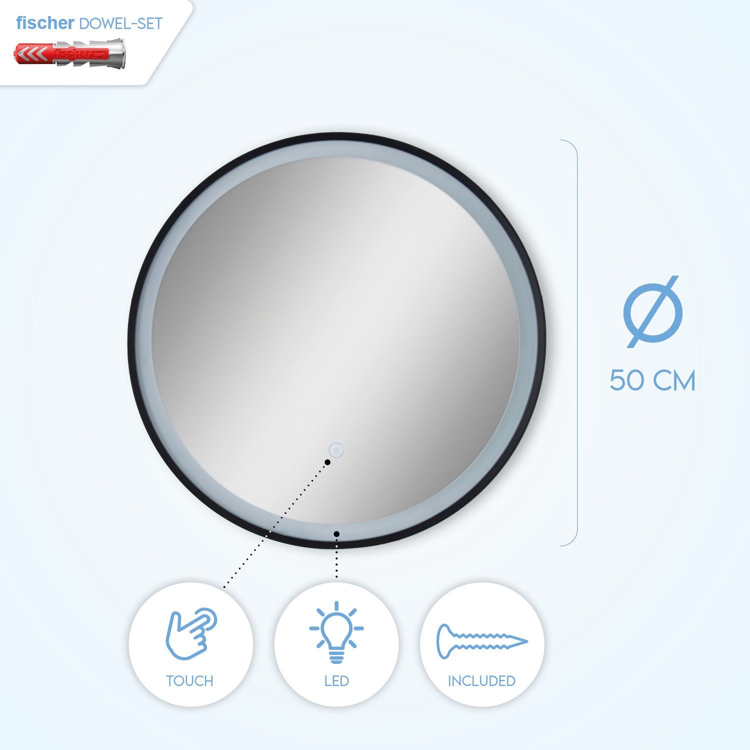 Spiegel Neutralweiß, Wandleuchte wechselbar, Touch- LED Backlight LED Paco Schwarz YANNI, Rund IP44 Home Beleuchteter 50cm