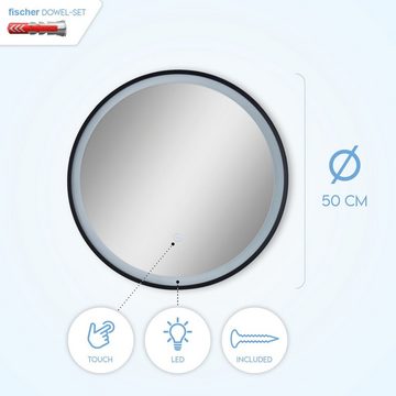Paco Home Wandleuchte YANNI, LED wechselbar, Neutralweiß, Beleuchteter Spiegel LED Backlight Rund 50cm IP44 Touch- Schwarz