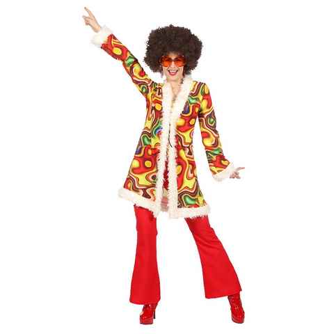 Karneval-Klamotten Hippie-Kostüm Damenkostüm Flower Power 60er Jahre rot bunt, Komplettkostüm Hippie Mantel Schlaghose Fasching Karneval Motto Party