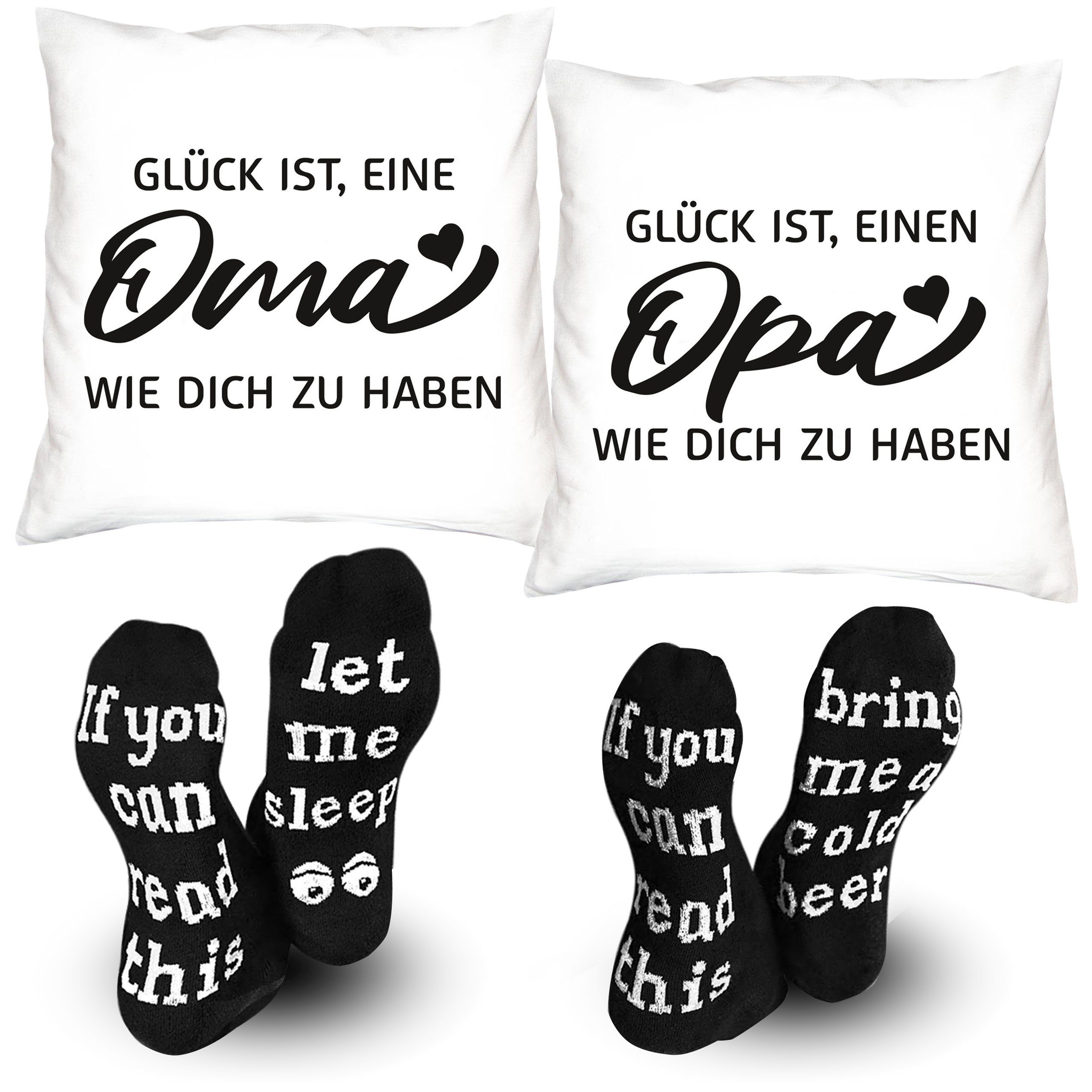 Soreso® Dekokissen Weihnachtsgeschenke Oma und Opa 2 Kissen + 2 Paar Socken Weihnachten, Geschenk-Set