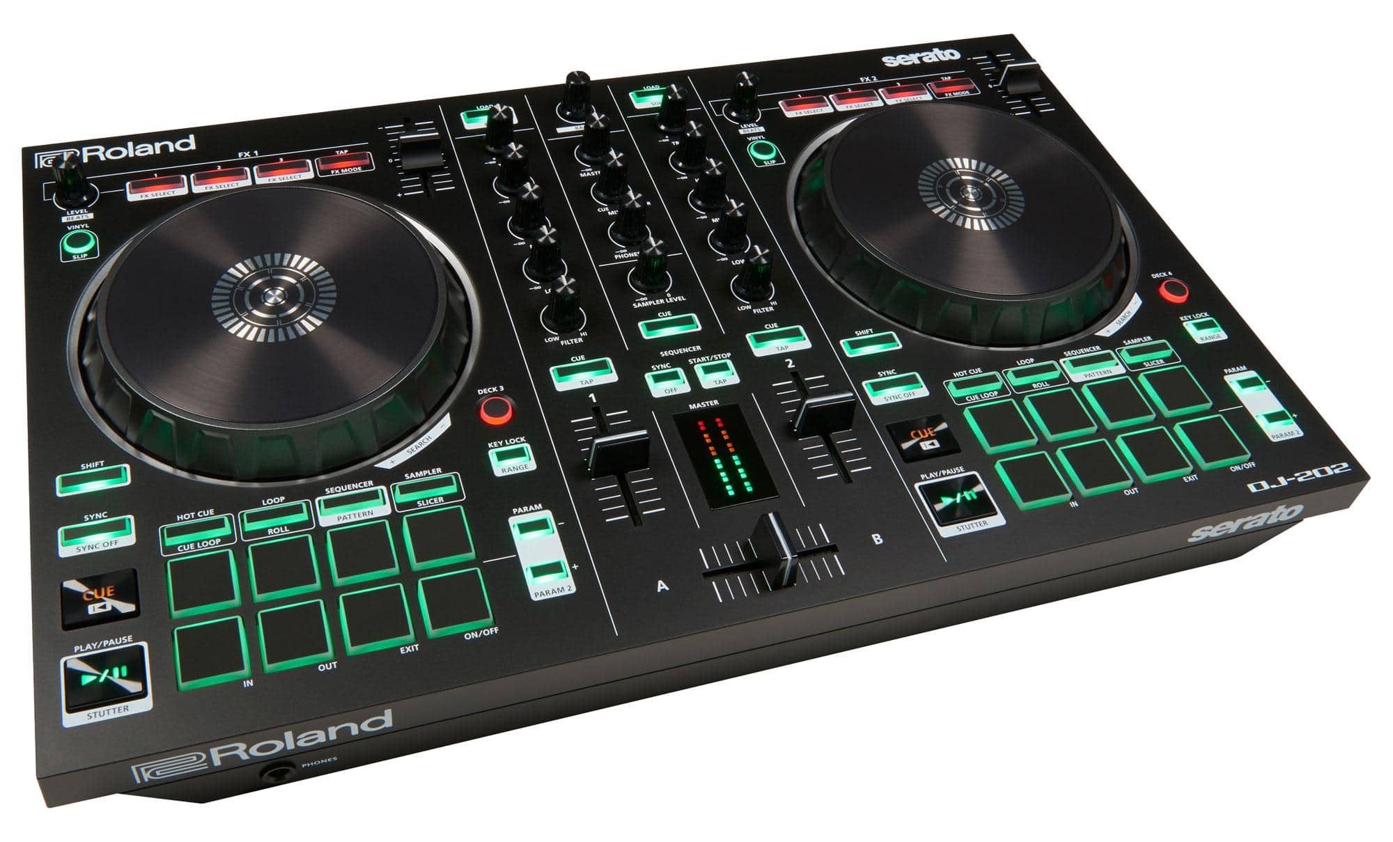 Roland DJ Controller DJ-202 - 2-Kanal-Controller für Serato Intro mit vier Decks, große Plattenteller mit minimaler Latenz, ideal zum Scratchen