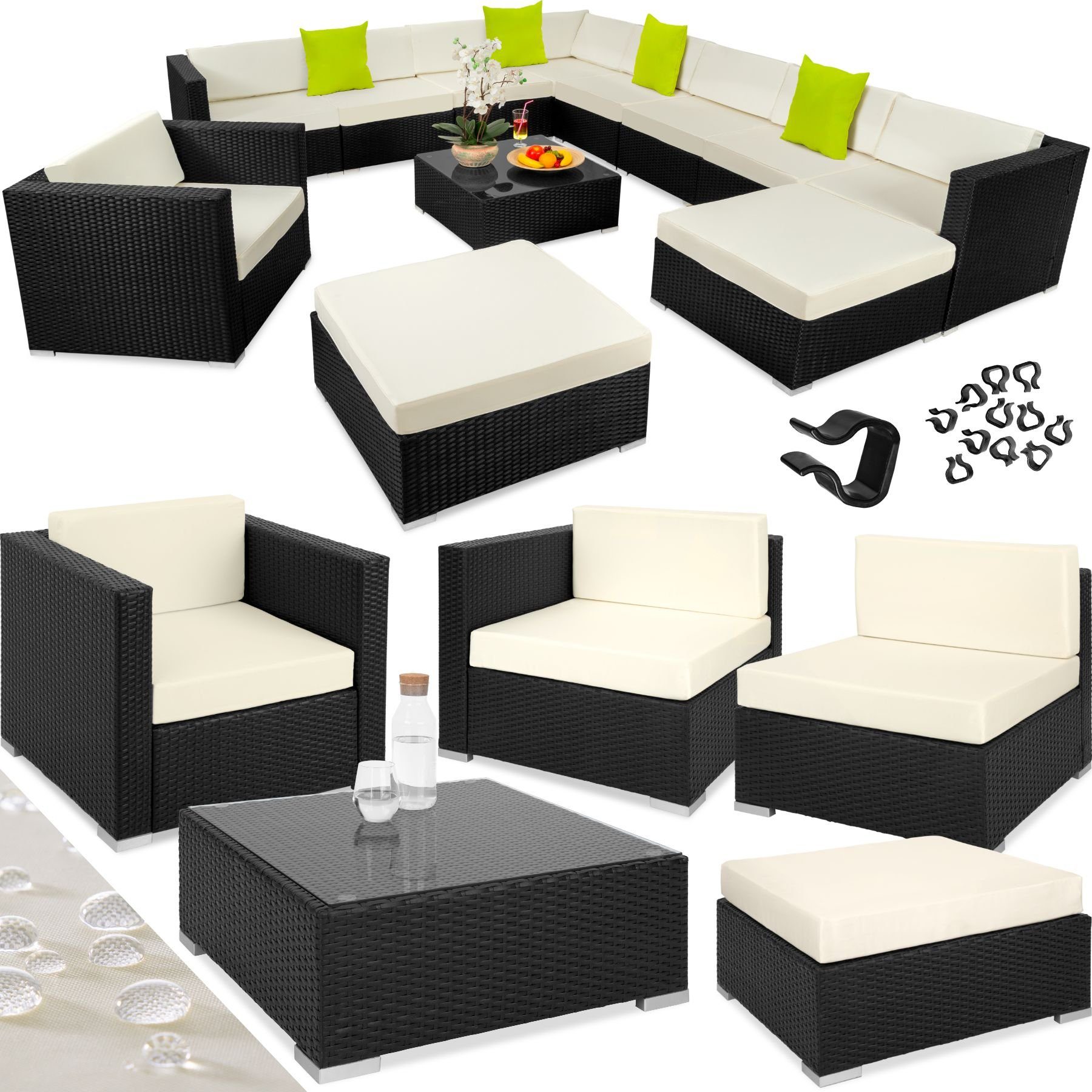 tectake Loungeset Rattan Sitzgruppe mit Aluminiumgestell, für 9 bis 11 Personen, (Gartenlounge-set Las Vegas, 12-tlg., geeignet für Outdoor in Schwarz), wetterfest und UV-beständig, Dicke der Polster 10 cm