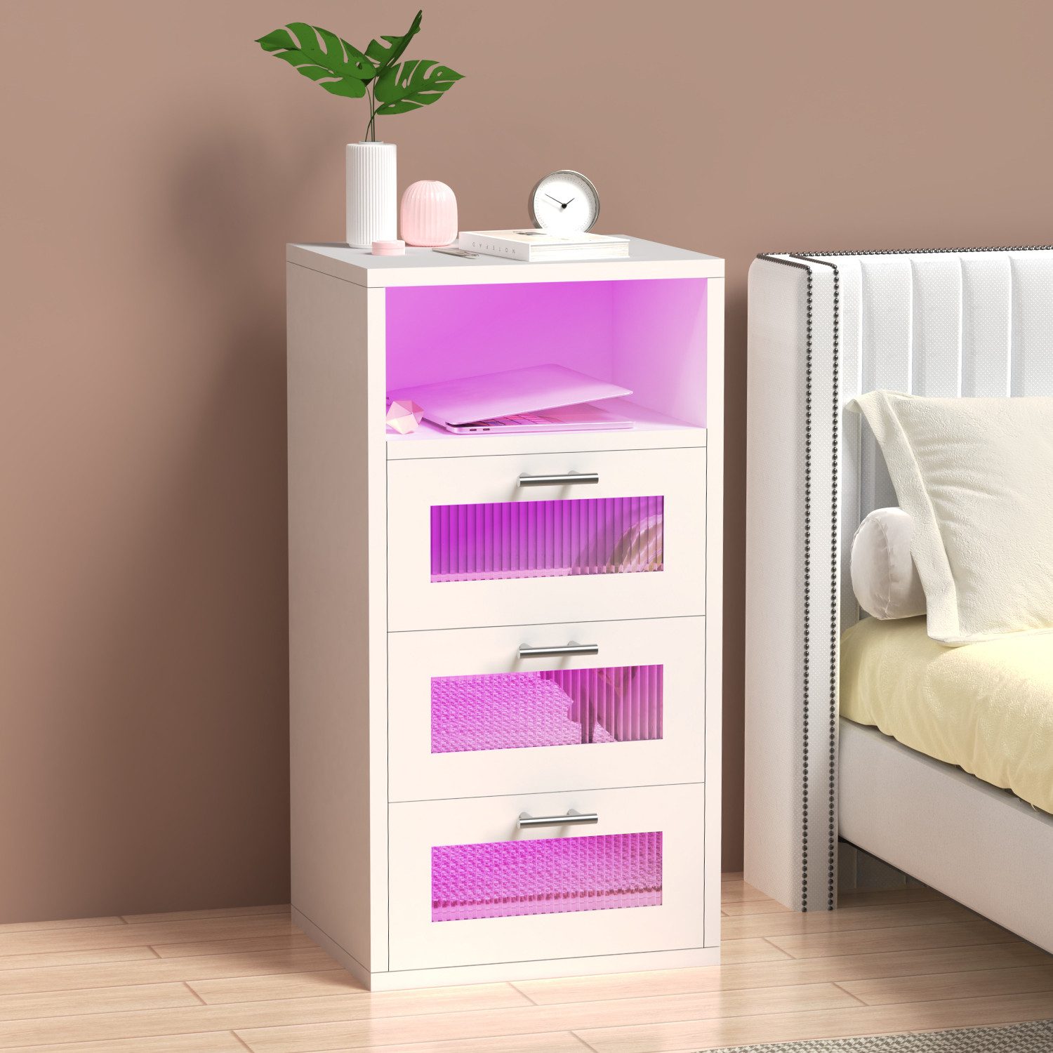 oyajia Nachttisch mit 2/3 Schubladen, Beistelltisch mit Ladestation und LED günstig online kaufen