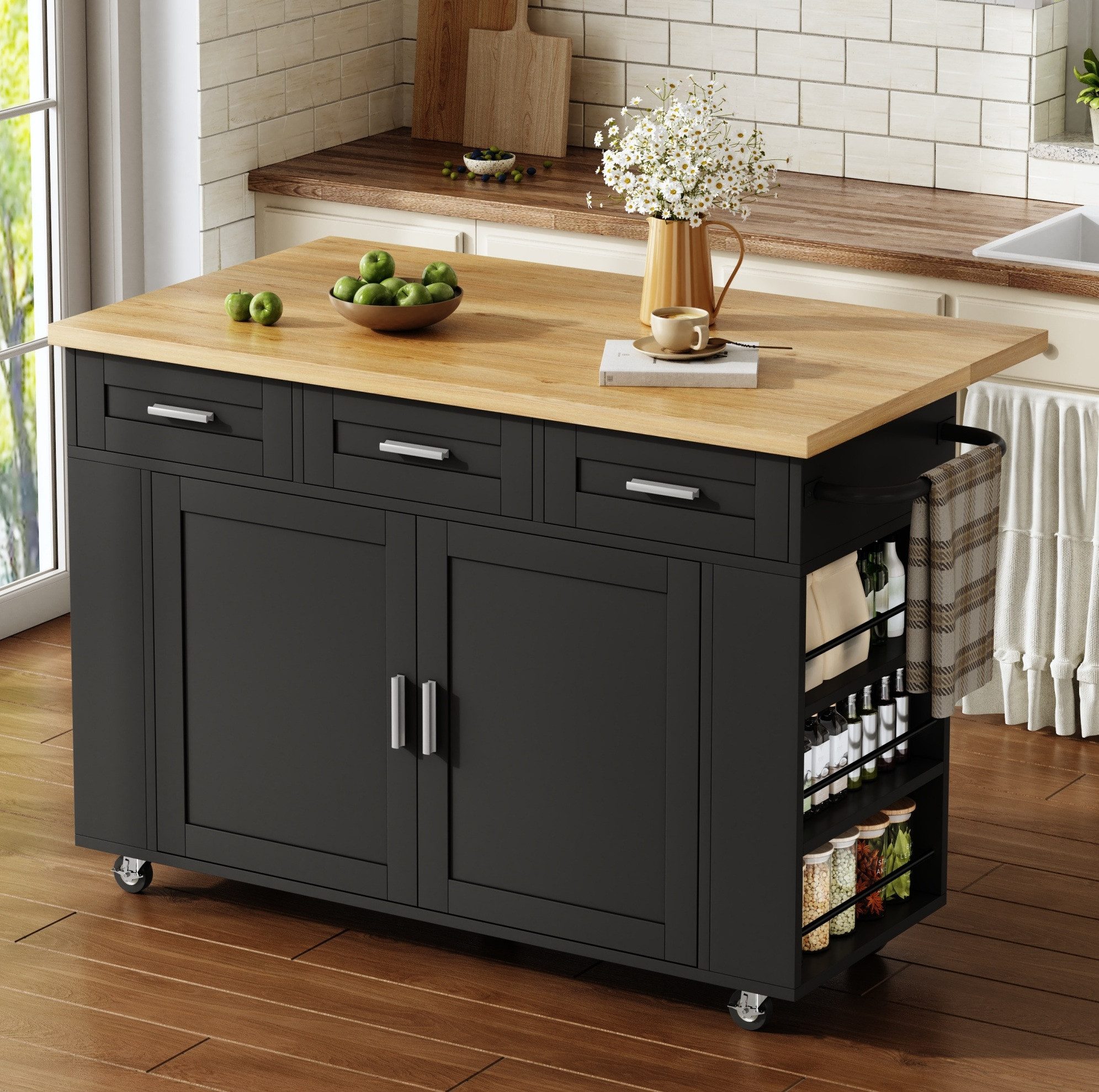 OKWISH Kücheninsel 120×45(70)×84 cm Küchenwagen mit klappbarer Arbeitsplatte, (Buffetschrank mit Rollen Steckdosen und Schrank Organizer), Stauraumschrank mit Müllschrank und Schublade für Küche
