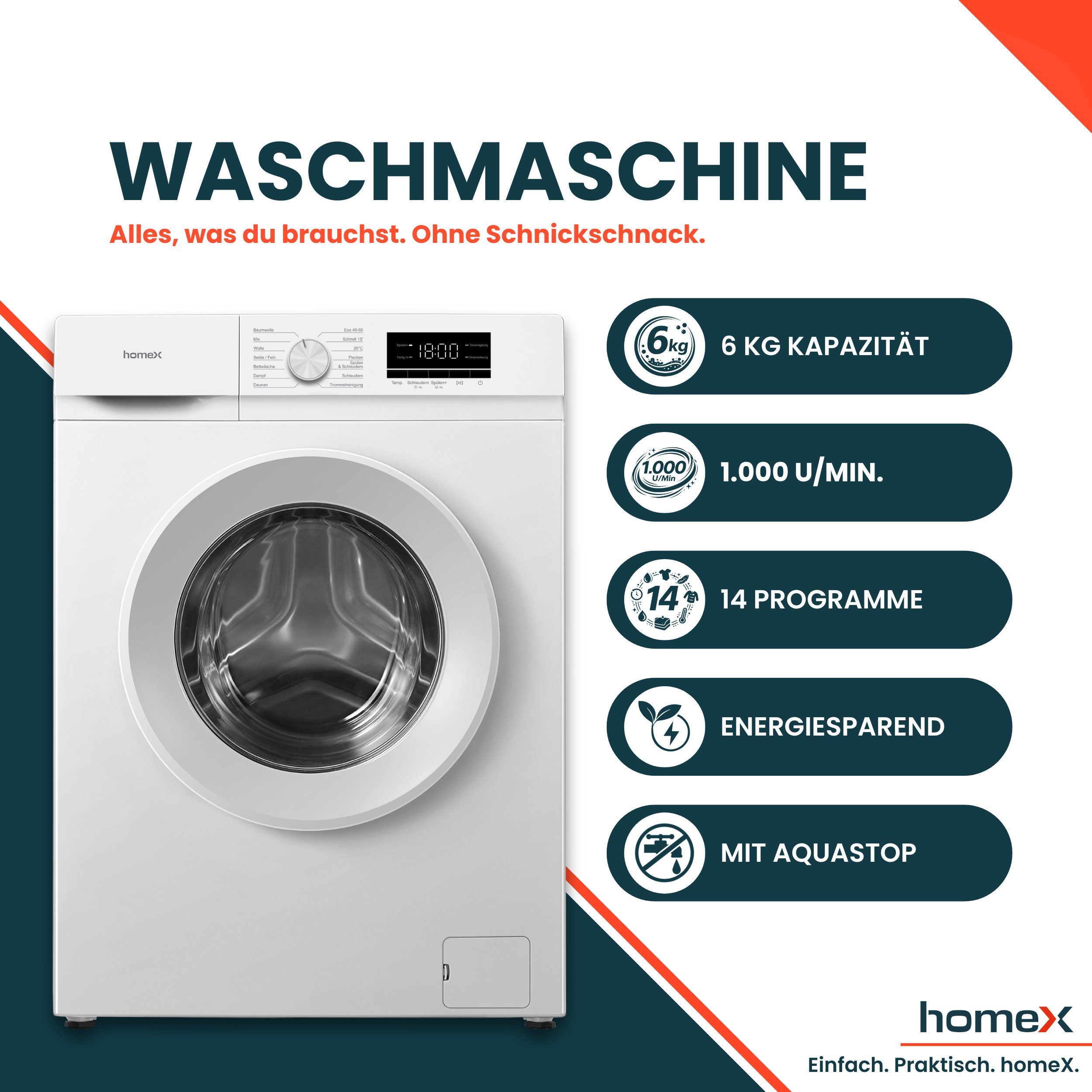 homeX Waschmaschine WF610K1A-W, 6 kg, 1000 U/min, Frontlader, Inverter Motor, AquaStop, 6kg, 39 cm Tiefe, EEK A, weiß