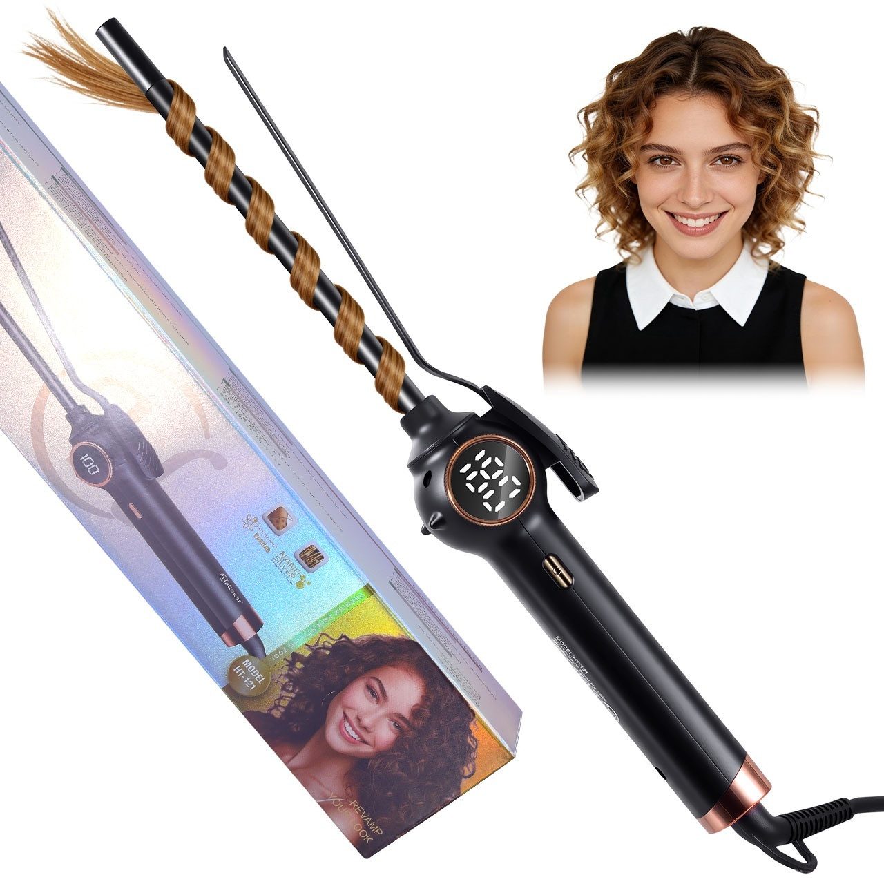 HATTEKER Lockenstab HT-121, 9 mm Lockenstab für kleine Locken, 13 Temperaturstufen 100–220 °C
