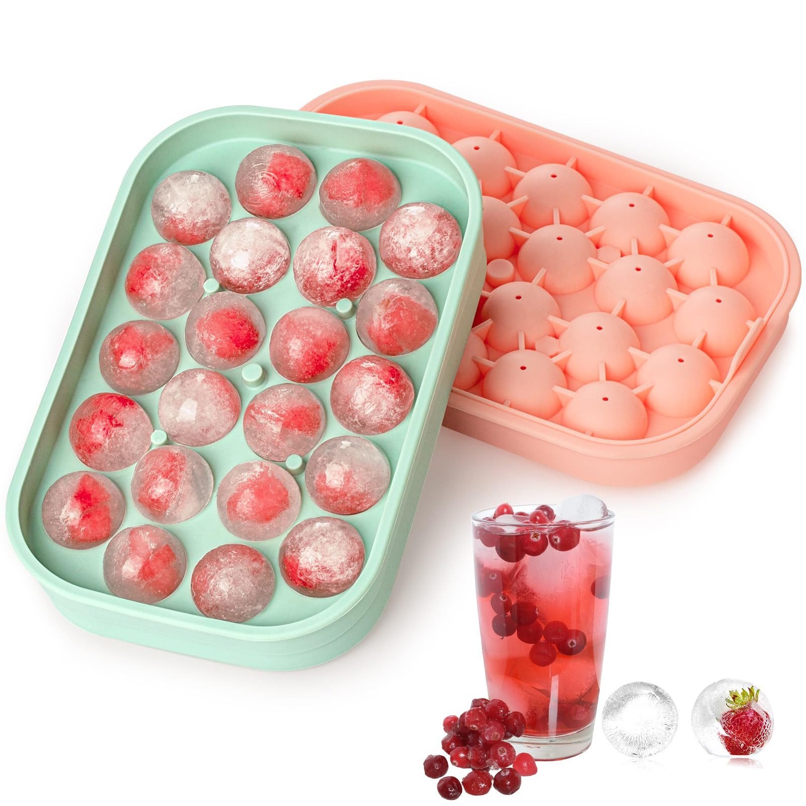 FOUORTUNATE-BEE Eiswürfelform Silikon Eiswürfelform Kugeln 2er Set 44 Eisball Form mit Deckel, Eisball Form für Whisky Cocktail Sommer Küche Getränke DIY