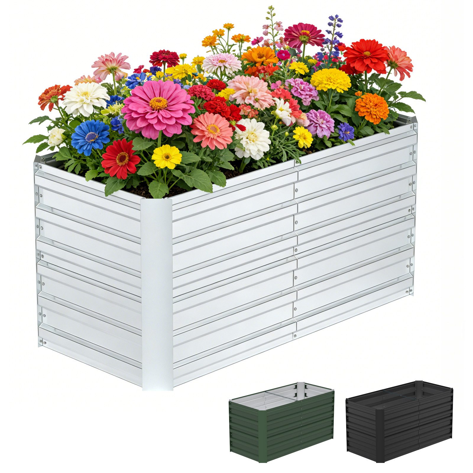 Ferghana Hochbeet Metall Rechteckig Verzinktes Gartenbeet (4 Größen S/M/L/XL & 3 Farben Schwarz/Grün/Silber, Bodenloses Pflanzbeet Rostfrei Wetterfest), Für Gemüse Kräuter Blumen Garten Balkon Terrasse