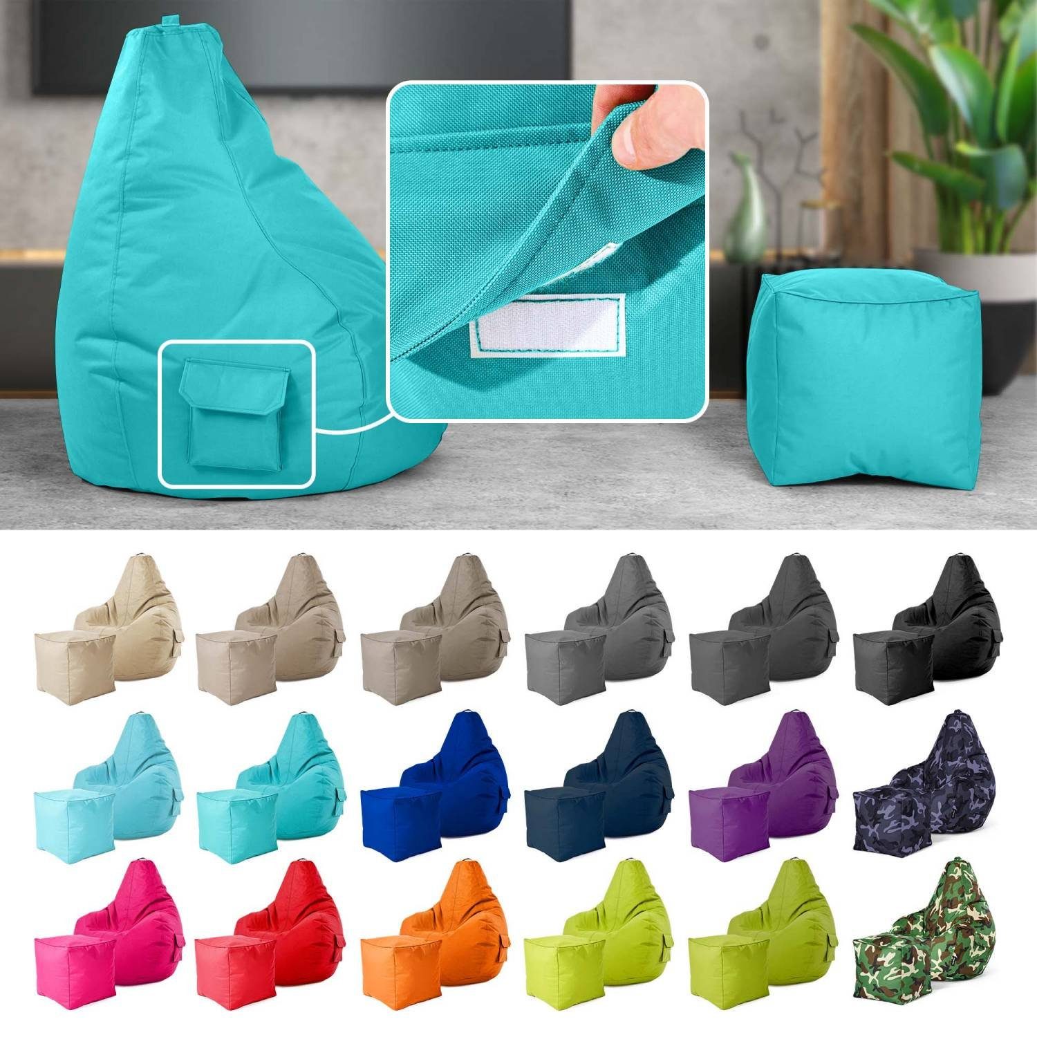 Green Bean Sitzsack Gaming Sitzsack + Hocker Cozy+Cube (2er Set Sitzsack + Hocker - fertig befüllt - robust waschbar schmutzabweisend -, Kinder & Erwachsene Bean Bag Bodenkissen), Lounge Sitzhocker Relax-Sessel Gamer Gamingstuhl Pouf
