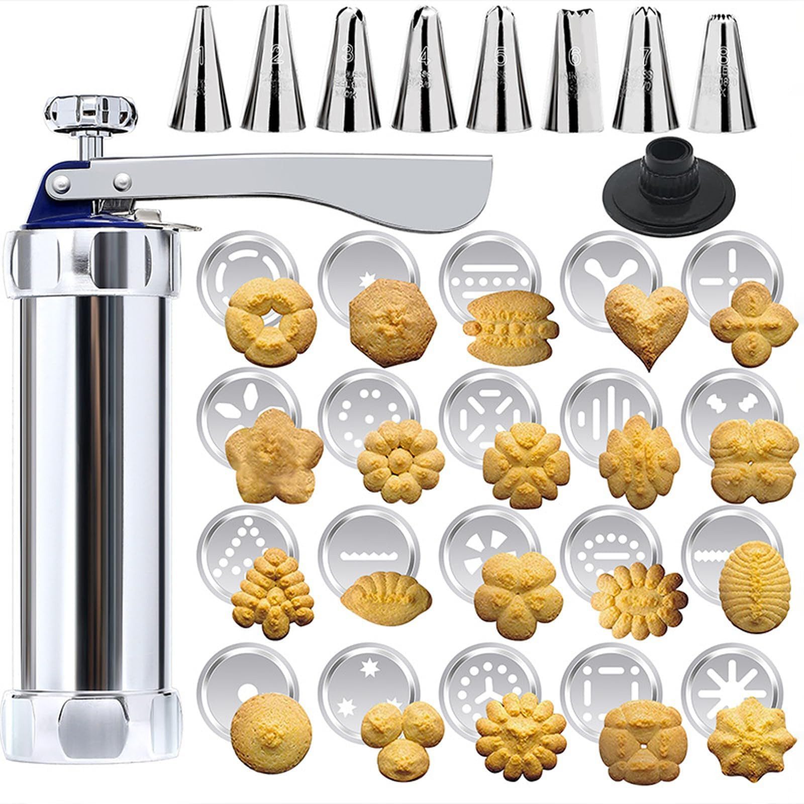FOUORTUNATE-BEE Gebäckpresse Gebäckpresse Set mit 20 Scheiben & 8 Tüllen – Kekspresse, Keksmaschine für Plätzchen, Spritzgebäck & Dekoration
