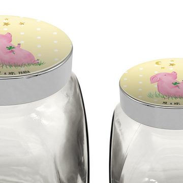 Mr. & Mrs. Panda Vorratsglas XL 2000ml Schwein Glück - Gelb Pastell - Geschenk, Aufbewahungsglas, Premium Glas, (1-tlg), Stilvoll & Praktisch