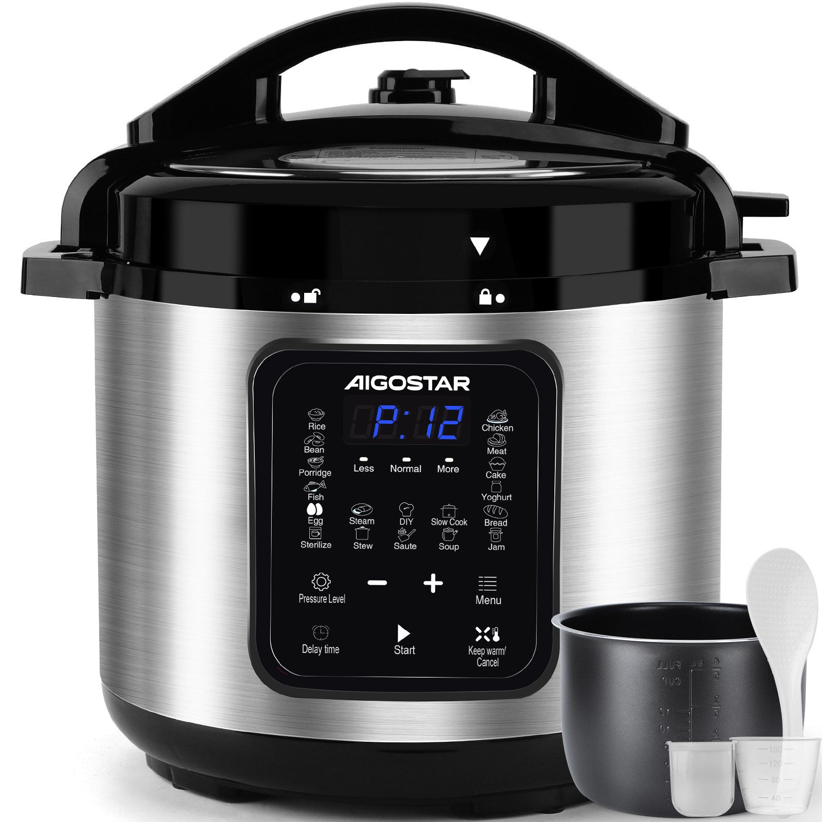 Aigostar Reiskocher 6L Schnellkochtopf, 1000W Pressure Cooker, 18-in-1 Multikoche, 1000 W, 24h Timer & Warmhalte, Antihaftbeschichtung, 10+ Sicherheitsmerkmale