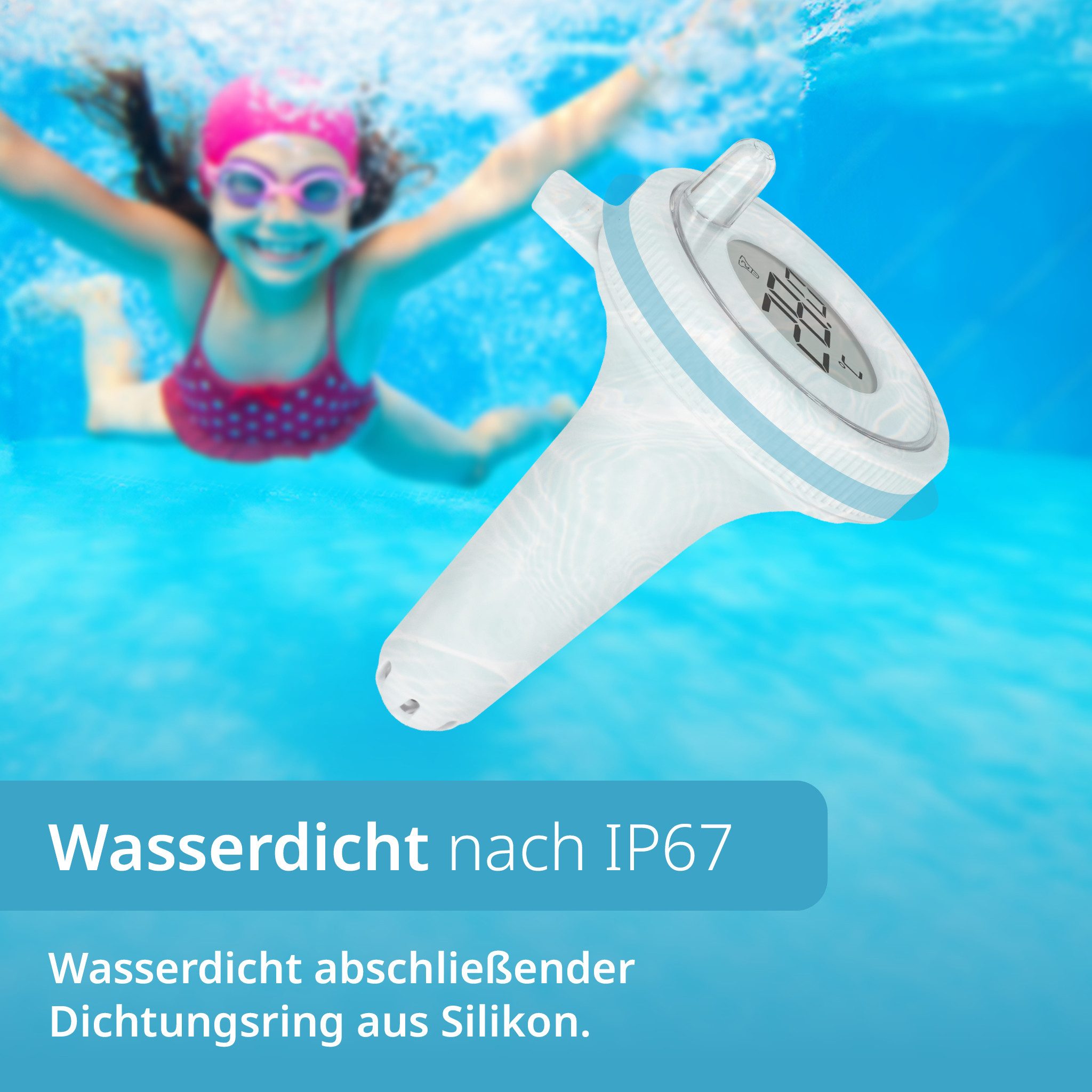 ADE Badethermometer Poolthermometer Funk mit Außensensor, wasserdicht nach IP67, -40 - 60° C, +/- 1° C präzise, 60 m Reichweite