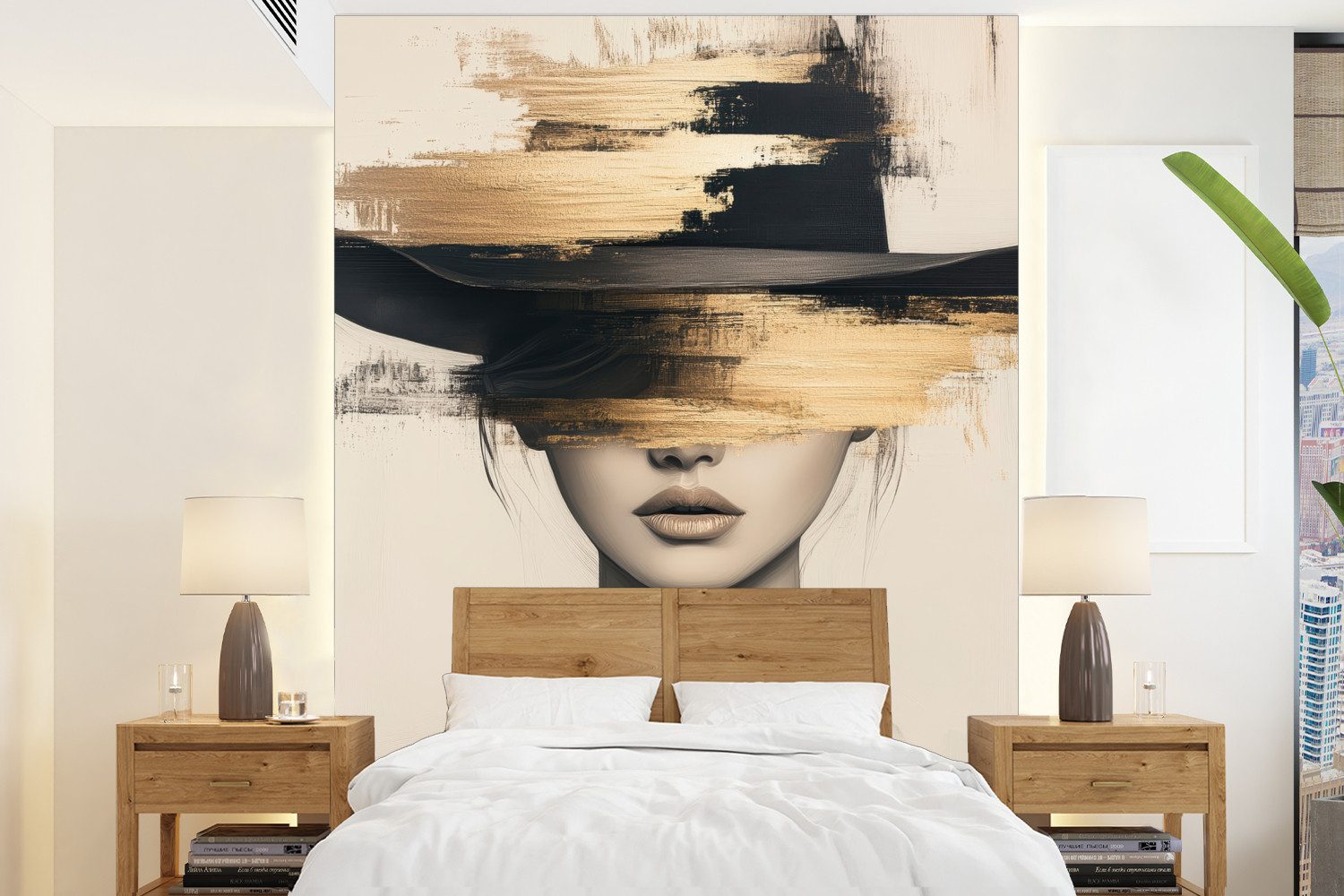 MuchoWow Fototapete Frau - Hut - Farbe, Matt, bedruckt, Montagefertig Vinyl Tapete, Wandtapete, 205x280 cm