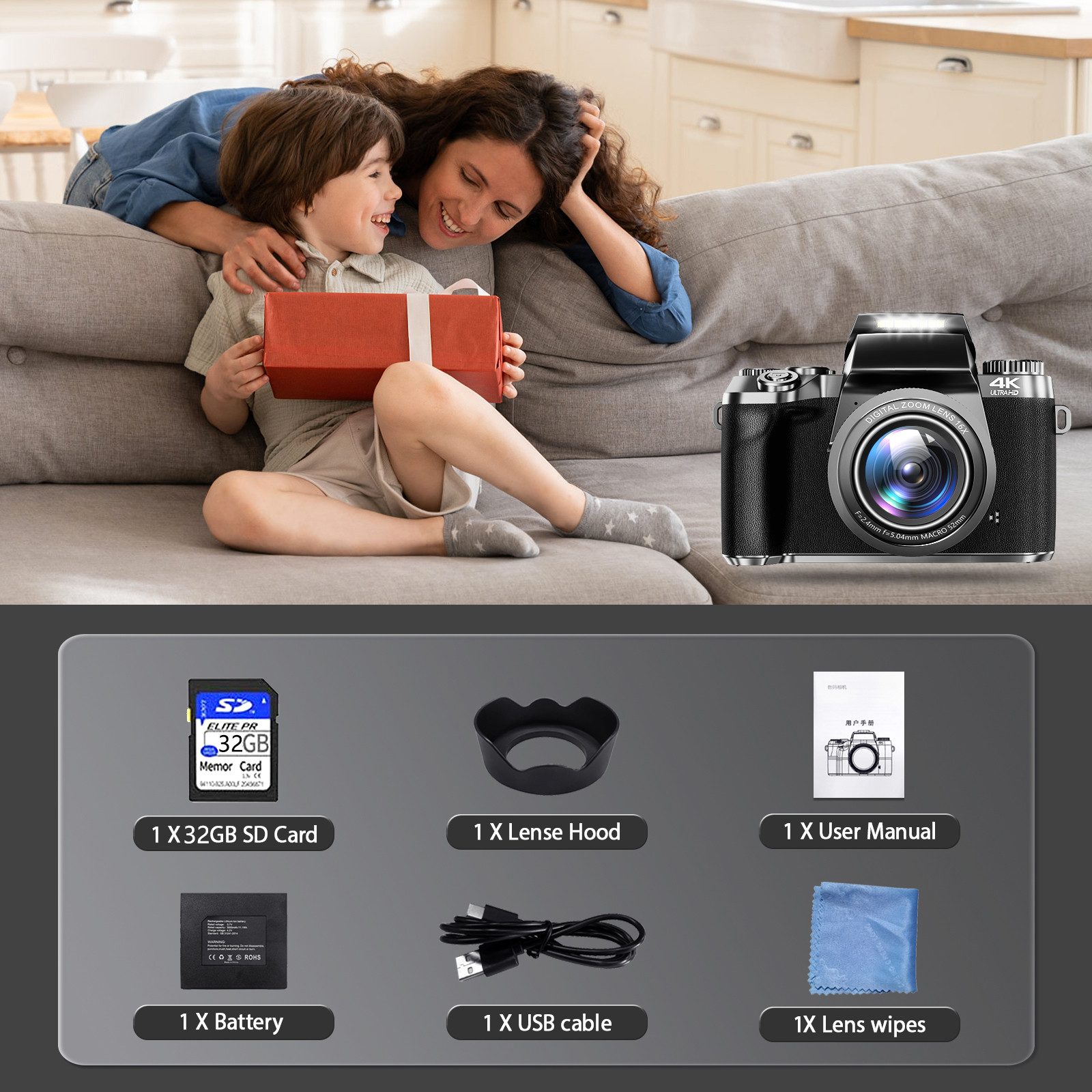 Digitalkamera 64MP 4K Mit Doppelobjektiv - Kompaktkamera Mit 32GB Karte Für Anfänger