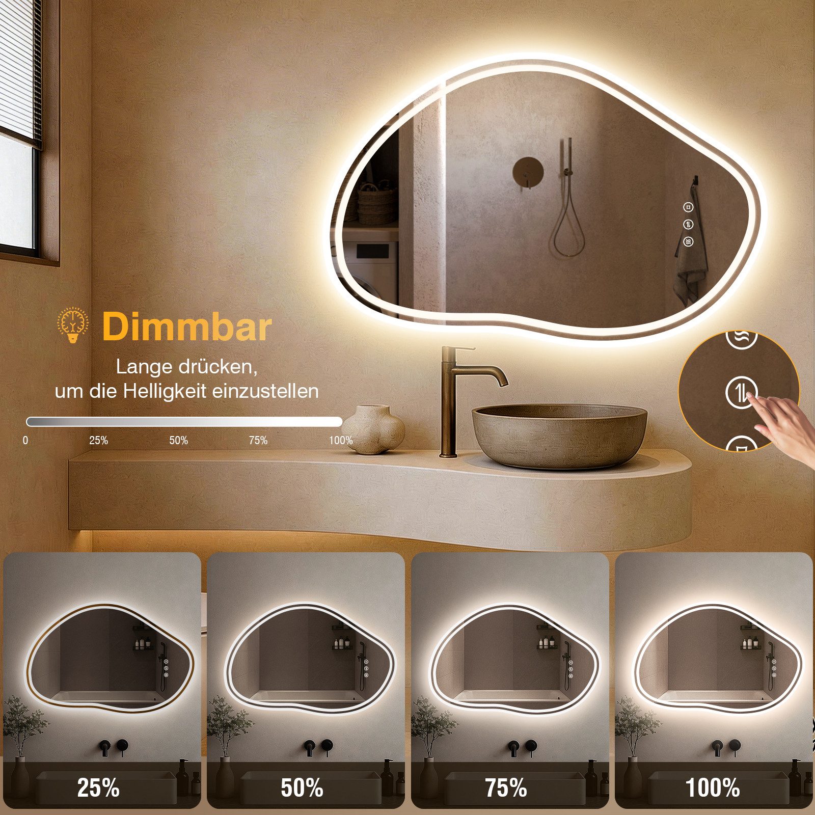 PESENXAN Badspiegel Asymmetrischer LED Spiegel 80x53 cm mit Beleuchtung dimmbar (1-St), 3 Lichtfarben, Touch-Schalter, Speicherfunktion fürs Bad – Bild 5 von 5