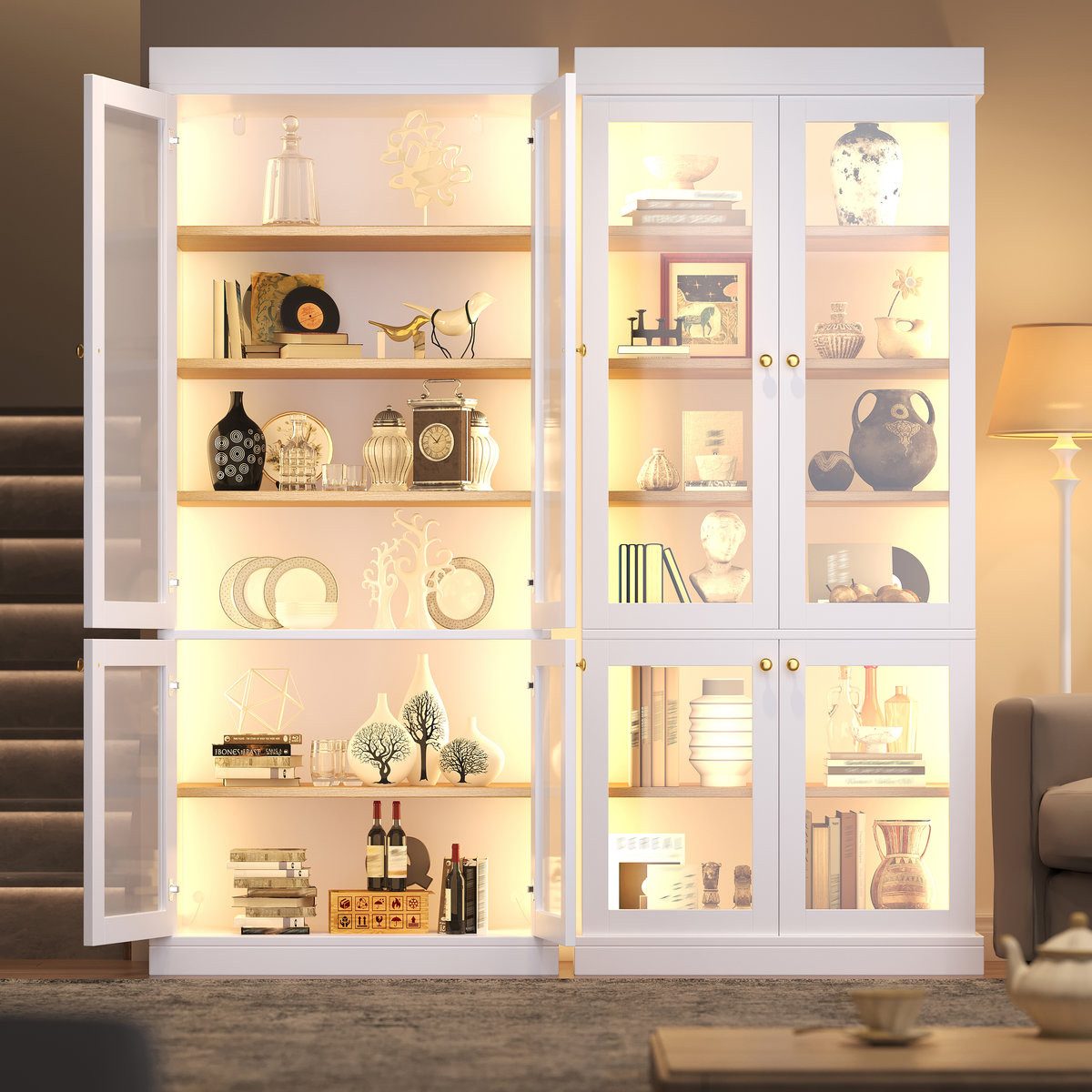 Odikalo Vitrine Vitrineschrank Glasvitrine mit LED (durchdachter Innenaufteilung und Kippschutz, stabil, sicher und vielseitig für Zuhause) 160×40×180cm – Bild 2 von 5