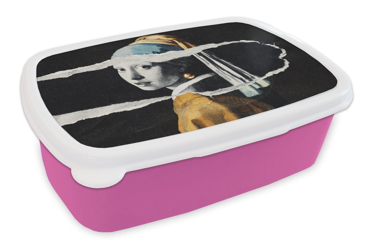 MuchoWow Lunchbox Mädchen mit Perlenohrring - Gold - Vermeer - Schwarz - Weiß, Kunststoff, (2-tlg), Brotbox für Erwachsene, Brotdose Kinder, Snackbox, Mädchen, Kunststoff rosa