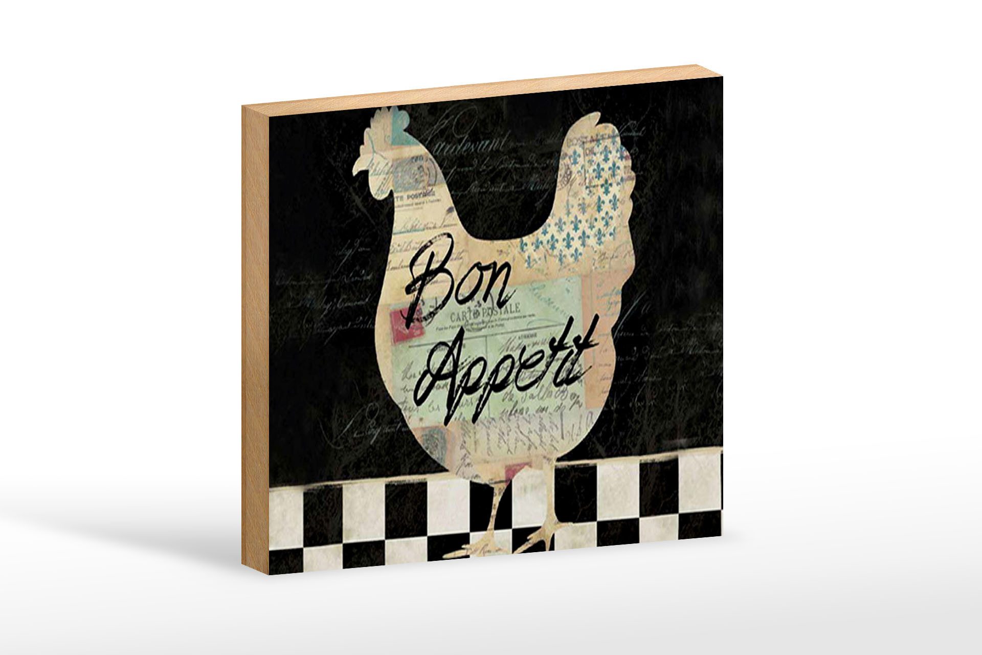 Femer GmbH Holzbild Spruch 18x12 cm Huhn Hühner Bon Appetit Eier, Essen Trinken Genuss (1 St), Glatte Holzfaserplatte (MDF), vorn beschichtet