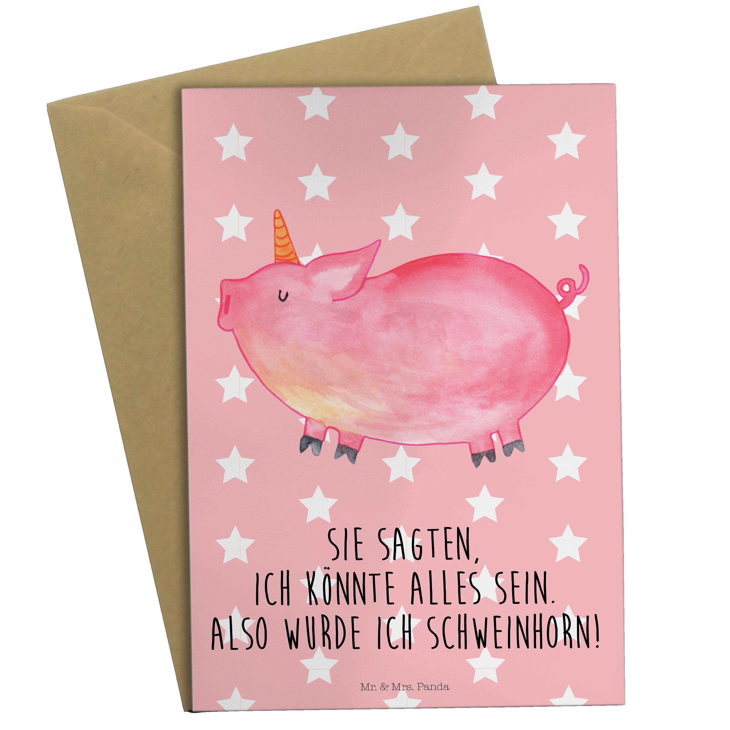 Mr. & Mrs. Panda Grußkarte Einhorn Schweinhorn - Rot Pastell - Geschenk, Glückwunschkarte, Einla