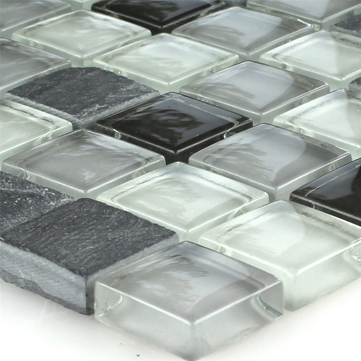 Mosafil Mosaikfliesen Glas Schiefer Mosaikfliesen Grau Mix, Naturstein-Glas-Schiefer 30.500x30.500, weiß-schwarz-grau, Wasserfest