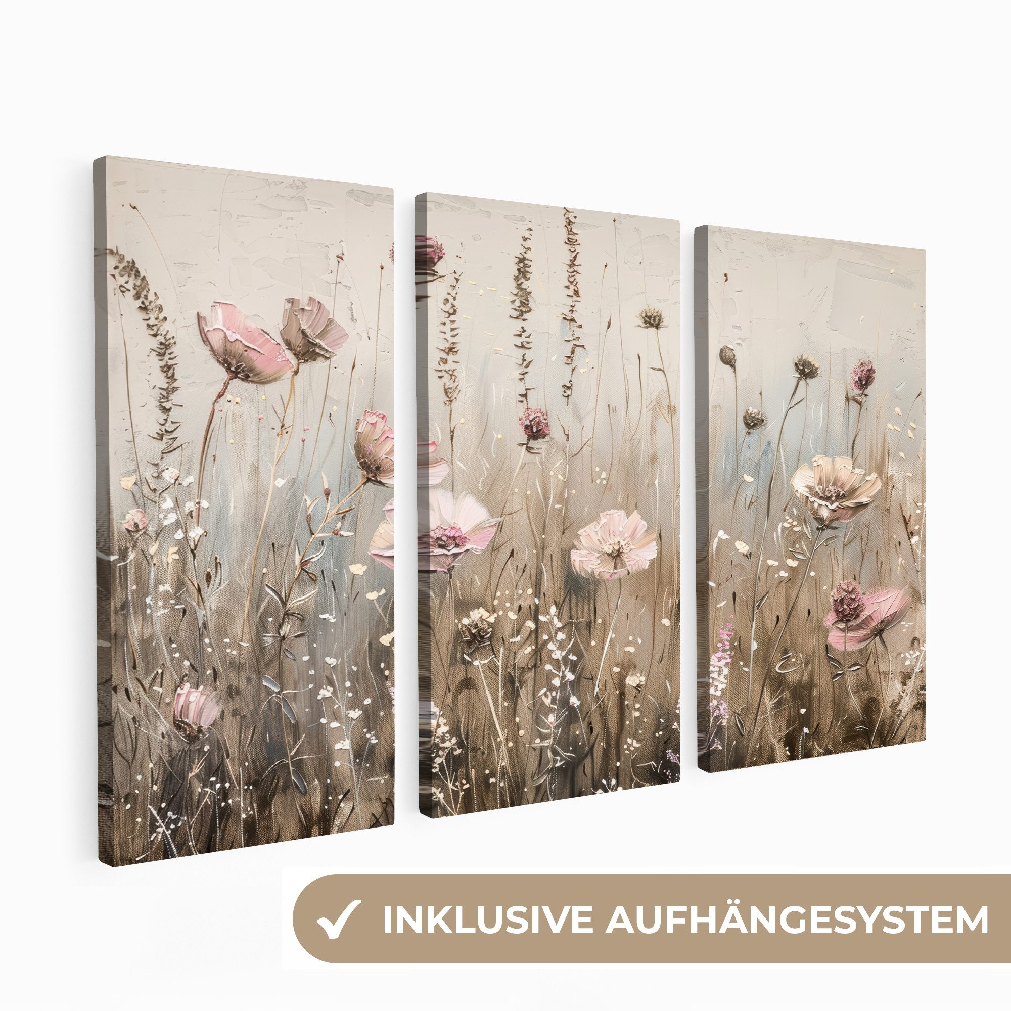 MuchoWow Leinwandbild Blumen - Beige - Modern - Rosa, Fotodruck (3 St), Wan günstig online kaufen