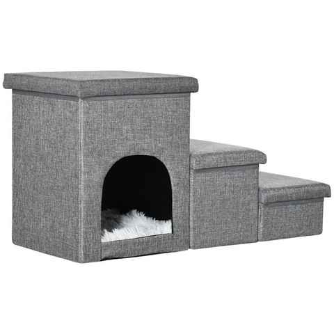 PawHut Haustiertreppe 3-in-1 Haustierrampe mit Höhle (3 Stufige Katzentreppe, 1-St., Hundetreppe mit Stauraum, Kissen), 73.5L x 33B x 40.5H cm