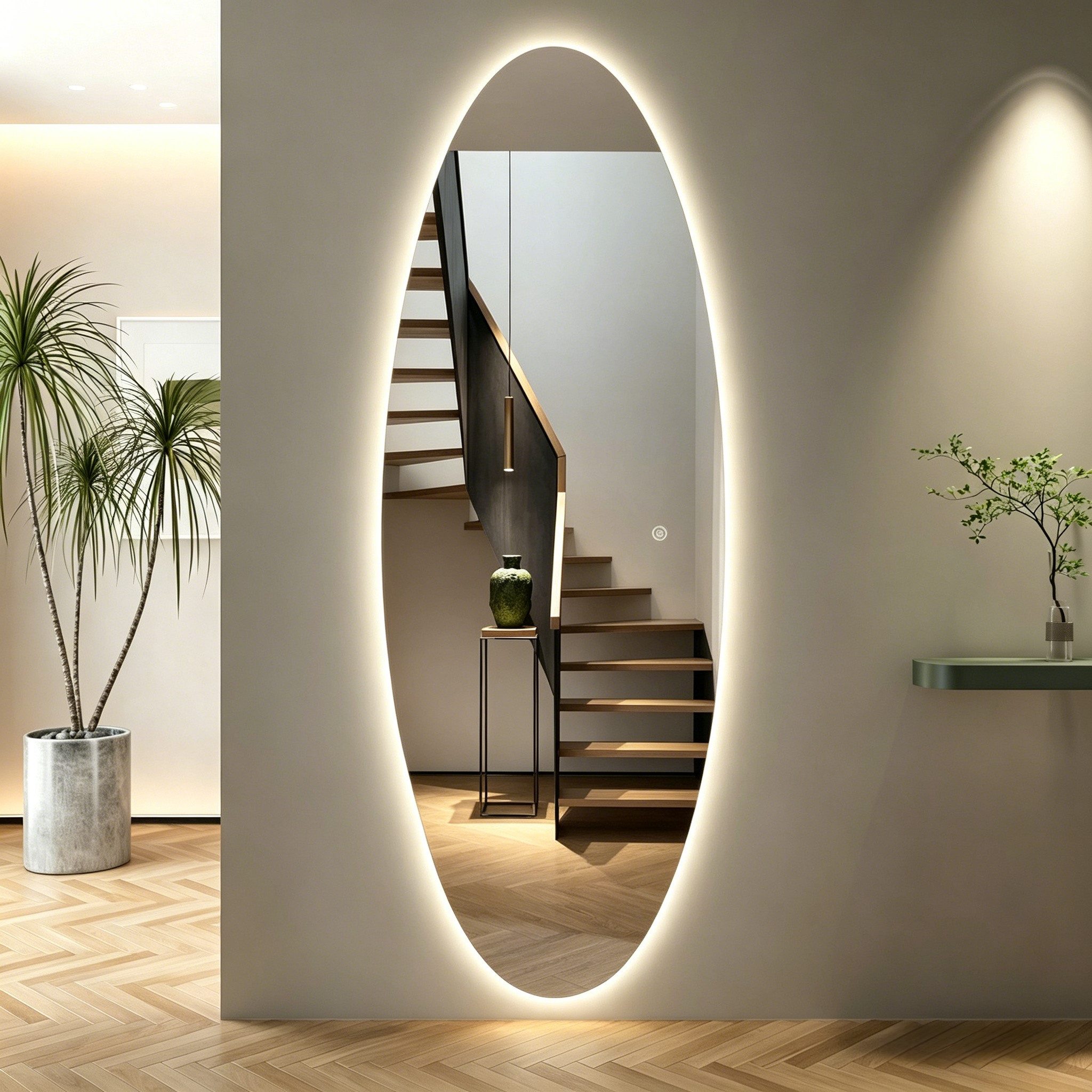 WDWRITTI Ganzkörperspiegel Rahmenlos Dekospiegel Wandspiegel asymmetrisch (3Lichtmodi, dimmbar, Speicherfunktion, 165x60cm), mit Netzstecker & Stromkabel