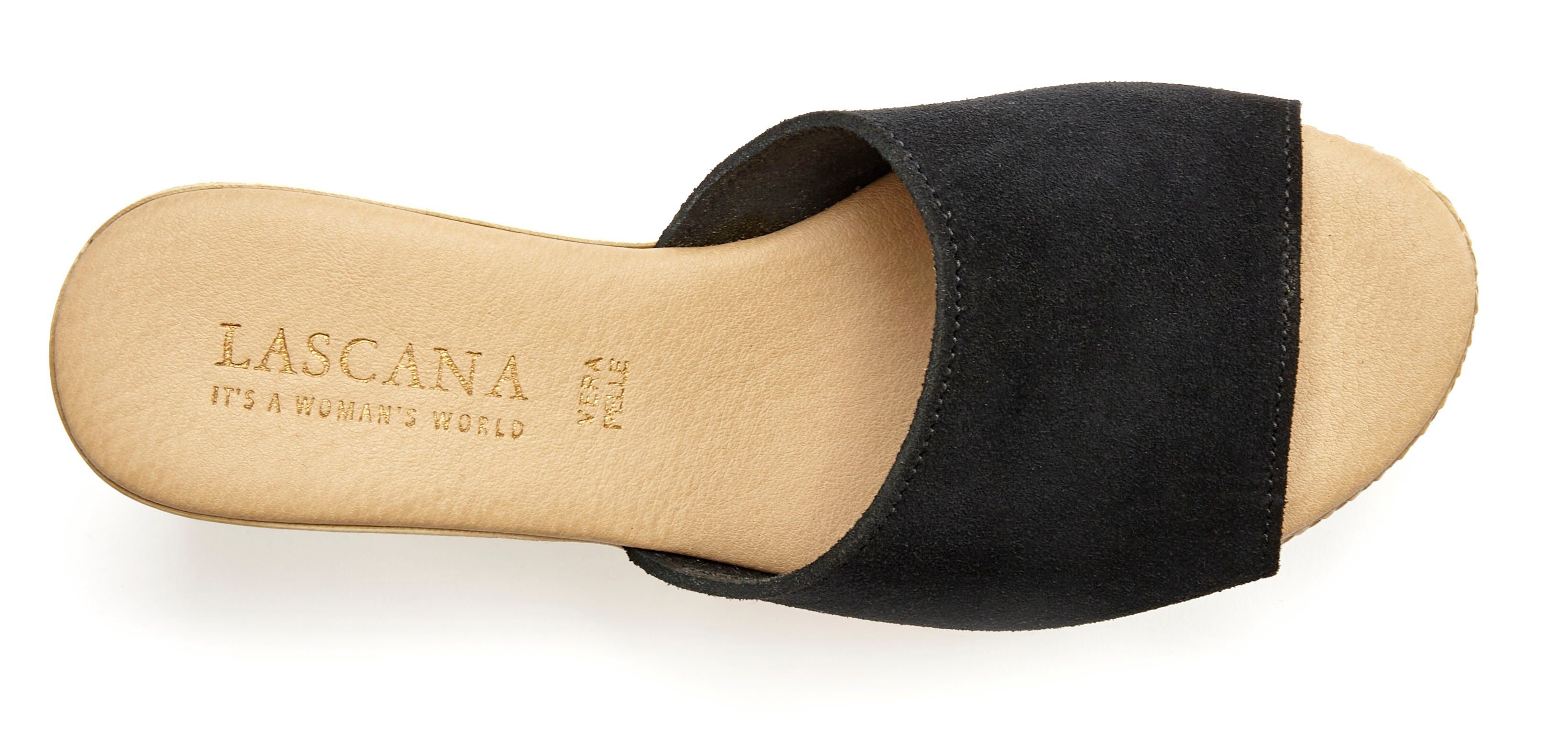 aus Keilabsatz mit hochwertigem Schuh offener Leder schwarz Mule, Pantolette LASCANA Sandale,