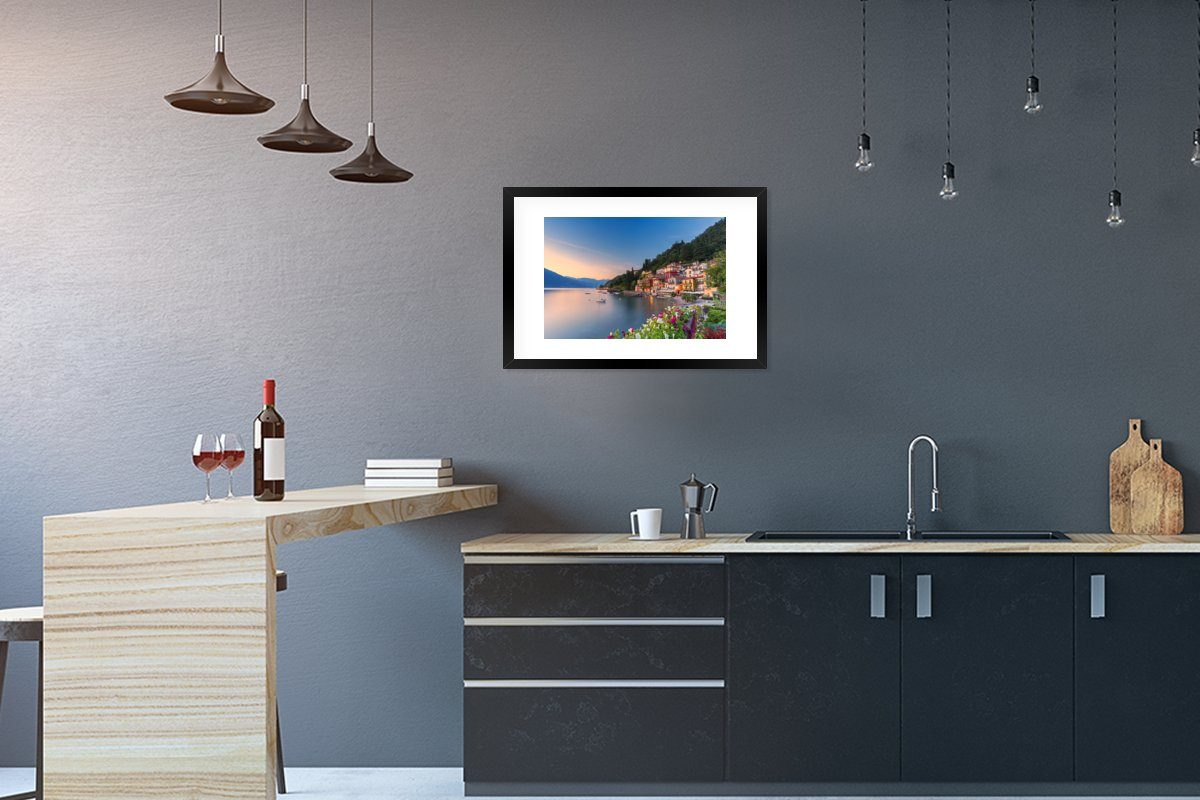 MuchoWow Poster, Gerahmtes Sonnenuntergang mit See, Bilderrahmen Kunstdruck, Schwarzem Italien Rahmen, Poster - - (1 St),
