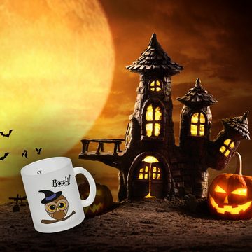 speecheese Tasse Glas Tasse für Halloween mit niedlichem Eulenmotiv und Spruch - BOOH!