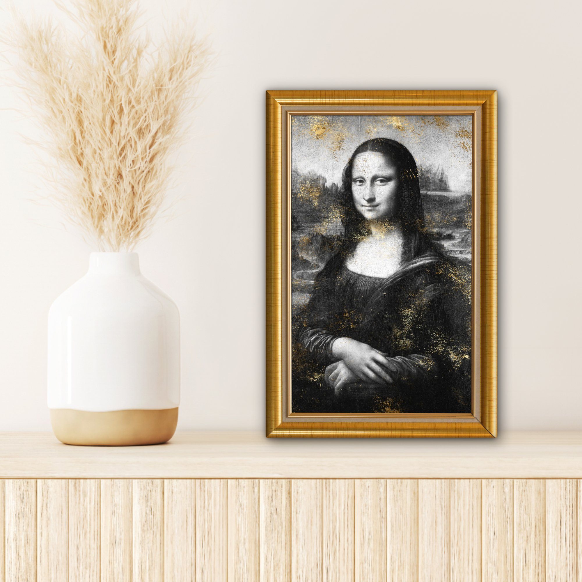OneMillionCanvasses® Leinwandbild Mona Lisa - cm inkl. bespannt Vinci 20x30 Rahmen, fertig Leinwandbild St), Zackenaufhänger, (1 - Gemälde, Gold Da 