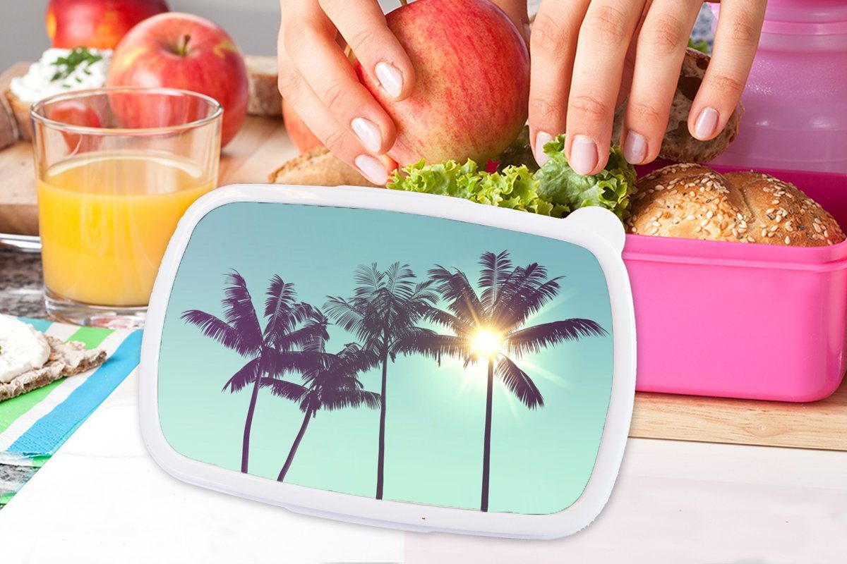 MuchoWow Lunchbox rosa Sonne, Kinder, Snackbox, Brotdose - Sommer - für Mädchen, Erwachsene, Kunststoff (2-tlg), Brotbox Palmen Kunststoff