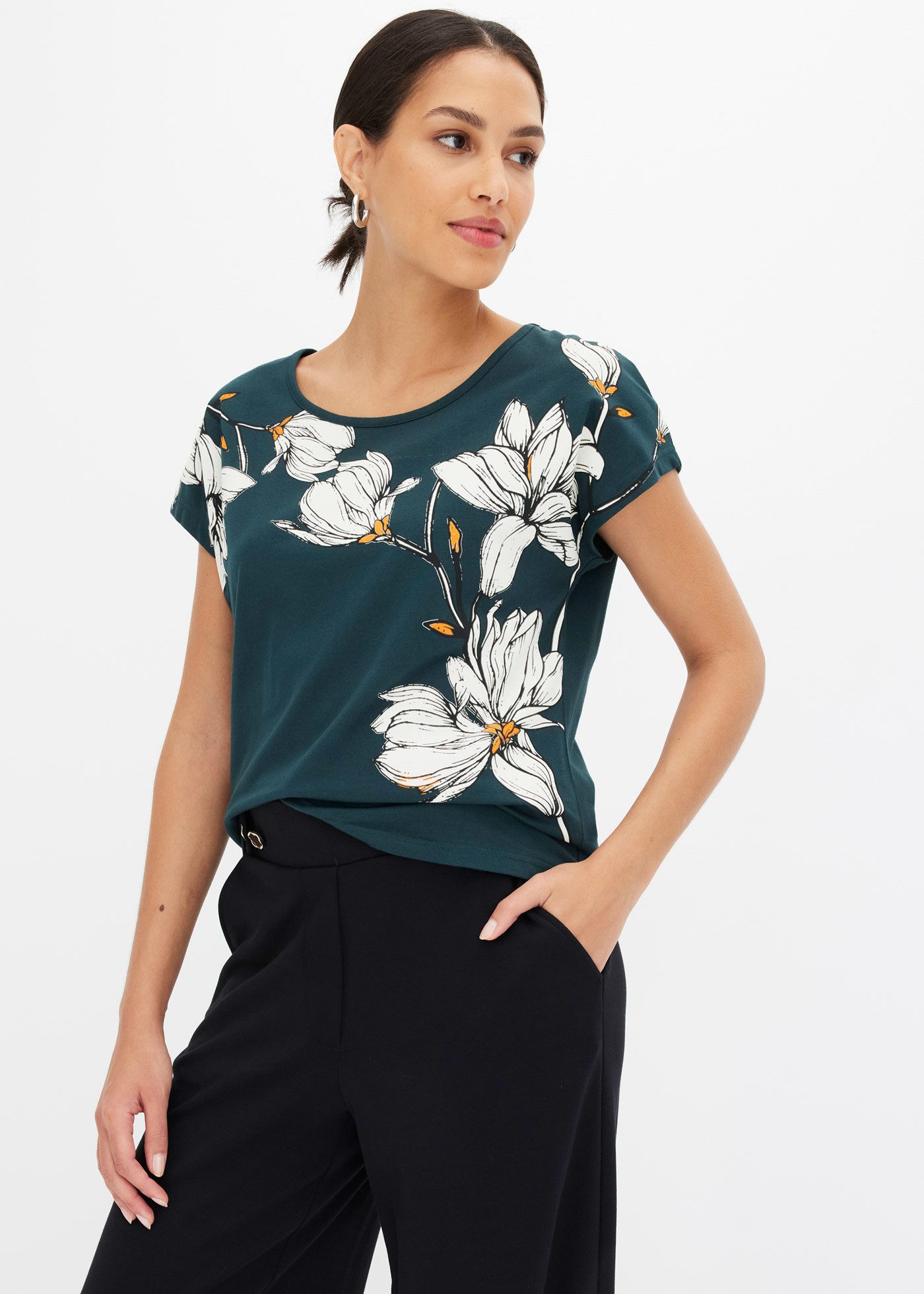 bonprix T-Shirt bequeme Passform, Kurzarm, mit Blütenprint, für Frühling un günstig online kaufen