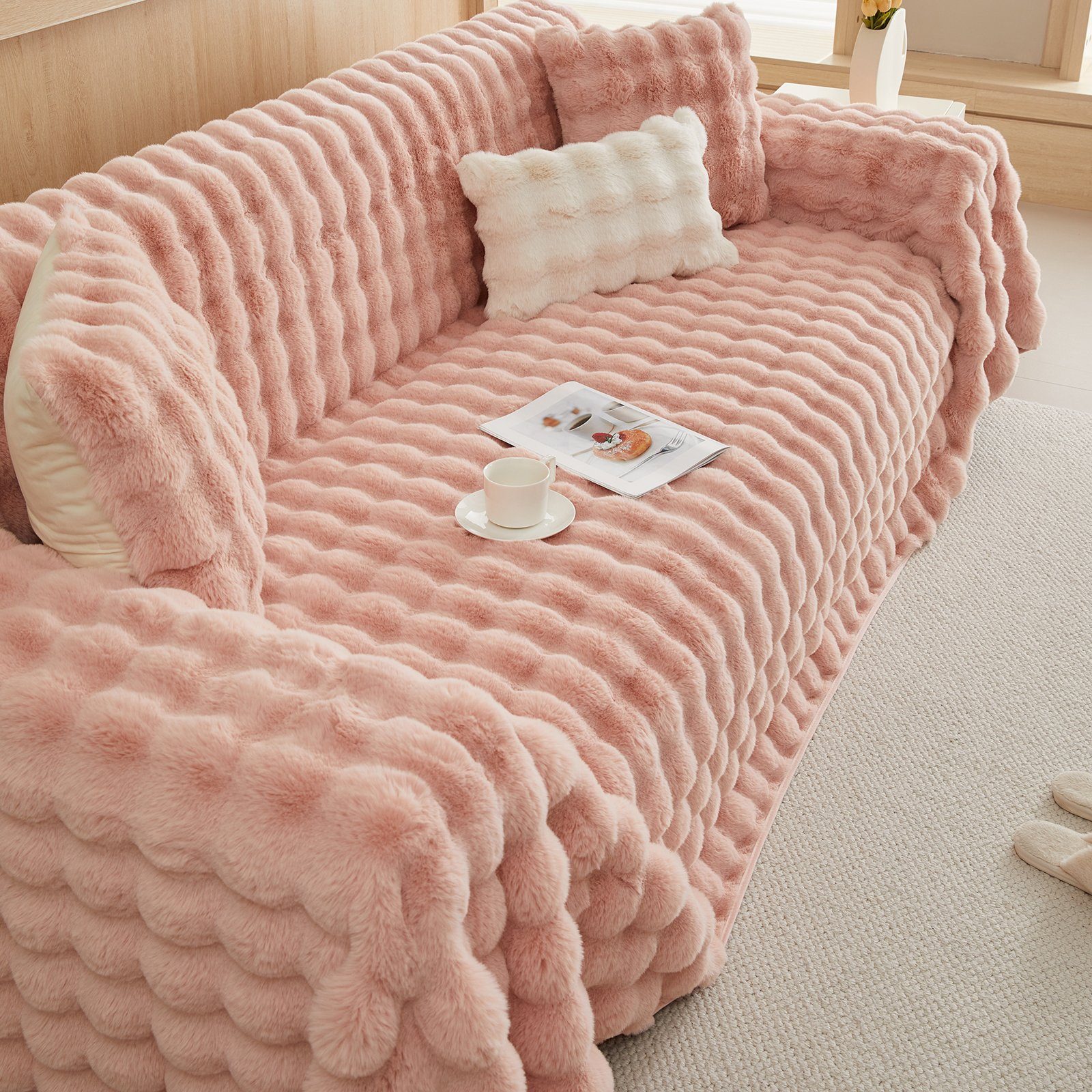 Wellendesign, Bett, B×L: Winter rutschfest, 180×180;180×230;180×300cm Sofahusse für Rosnek, Zottelig, Pink warm, Sofas