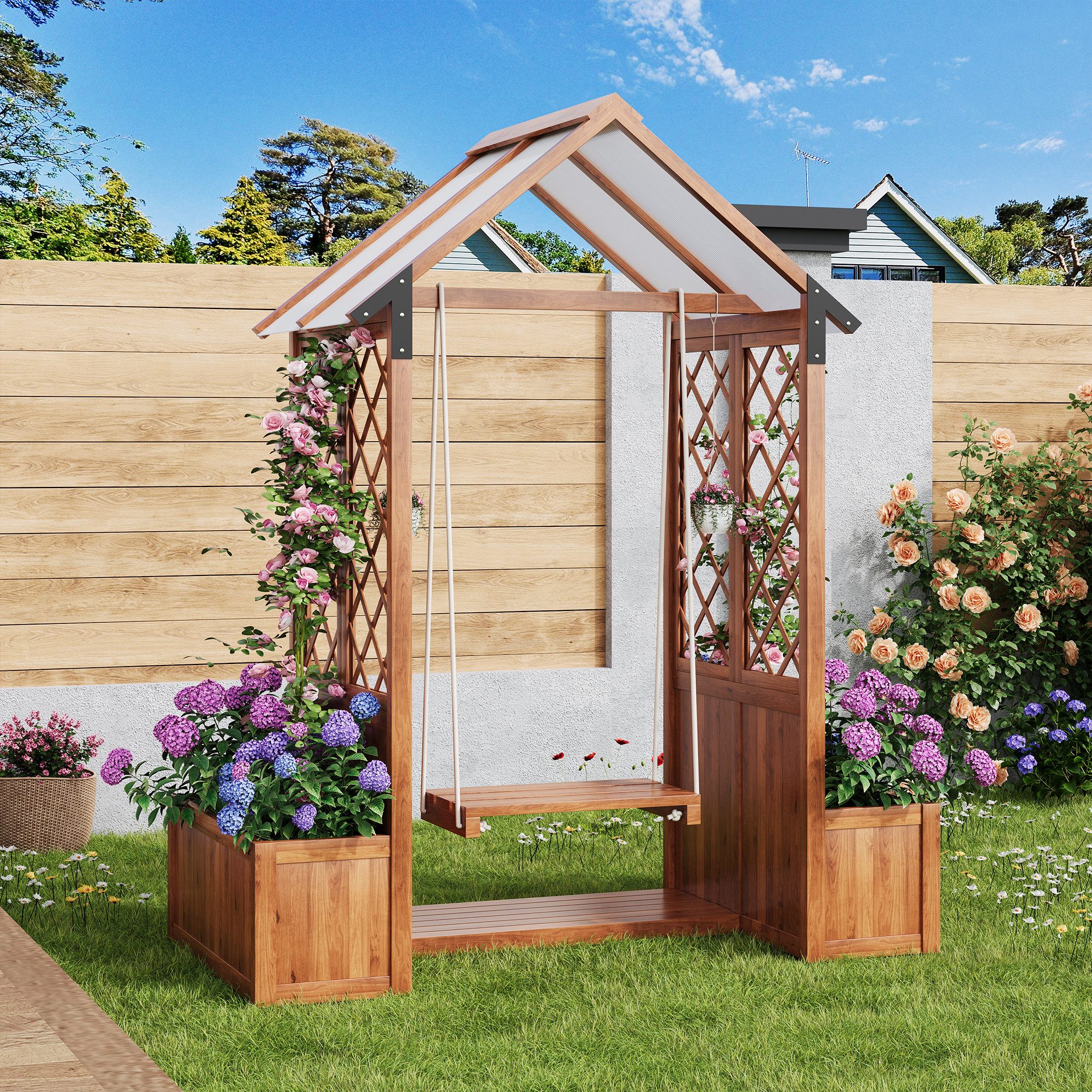 Merax Blumenkasten Pflanzkübel mit Outdoor-Schaukel und Sonnendach (1 St), Pflanzgefäß mit Spalier als Kletterhilfe, für Garten, Terrasse