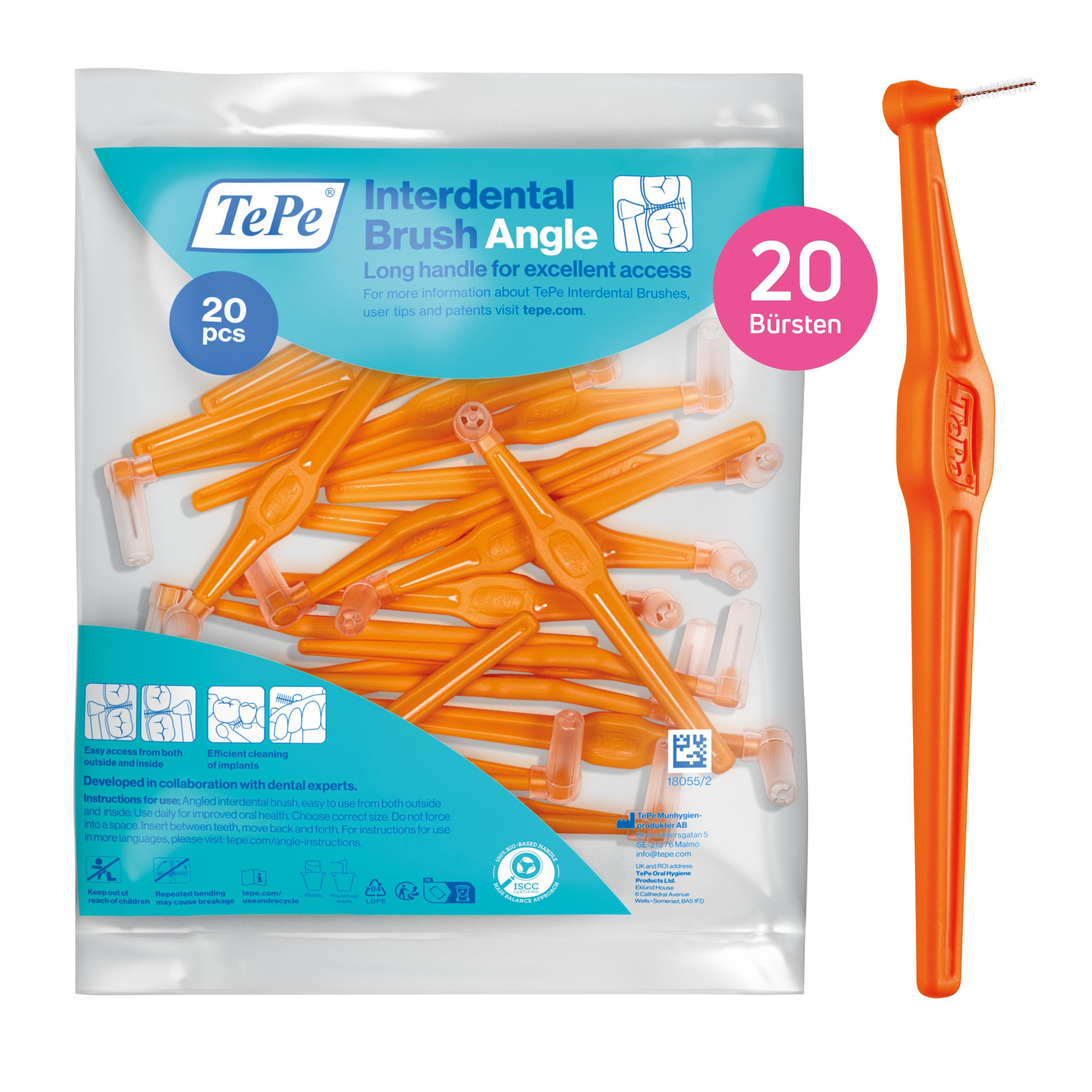 TePe Interdentalbürsten Angle Orange 0,45 mm, ISO-1, 20-Pack, Langer, flacher Griff
