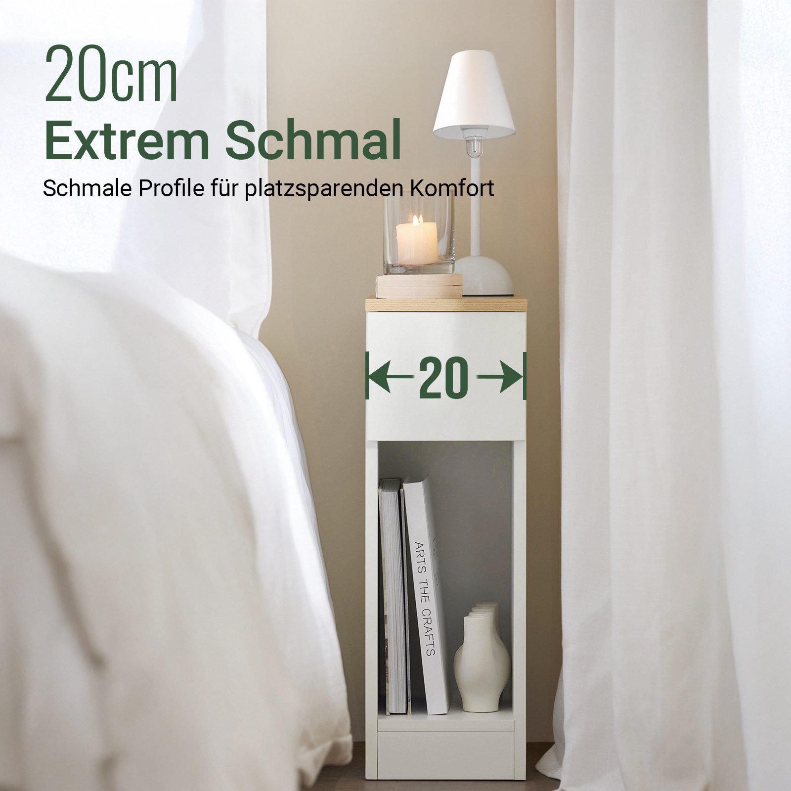 SoBuy Nachtschrank FBT111, Nachttisch schmal, Beistelltisch Zeitschriftenhalter Nachtkommode mit Schublade, offenes Fach, schmal, Schlafzimmer