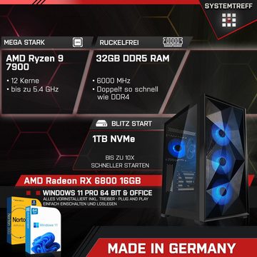 SYSTEMTREFF Gaming-PC (AMD Ryzen 9 7900, Radeon RX 6800, 32 GB RAM, 1000 GB SSD, Wasserkühlung, Windows 11, WLAN)
