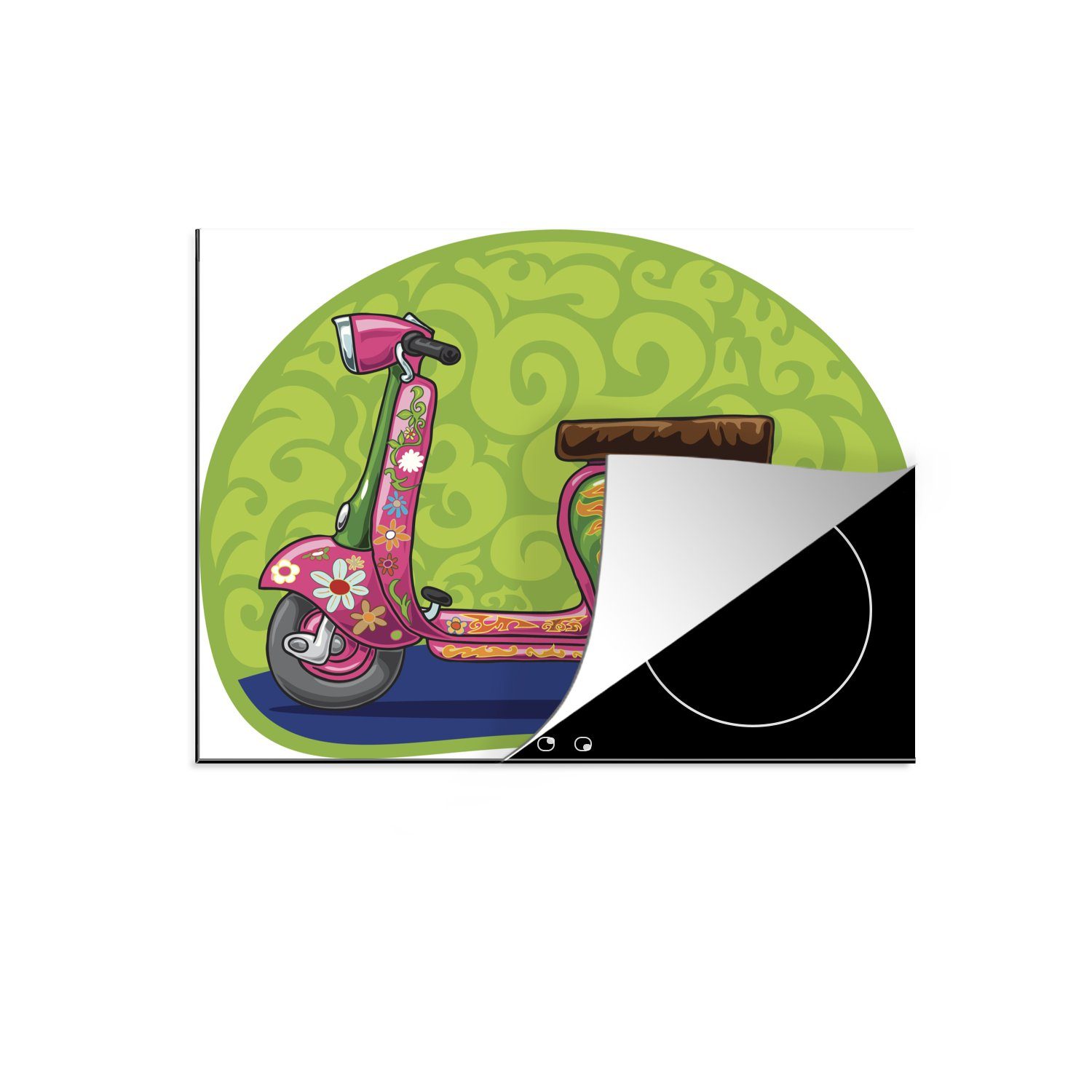 MuchoWow Herdblende-/Abdeckplatte Illustration eines Vespa-Rollers mit Blumen, Vinyl, (1 tlg), 70x52 cm, Mobile Arbeitsfläche nutzbar, Ceranfeldabdeckung