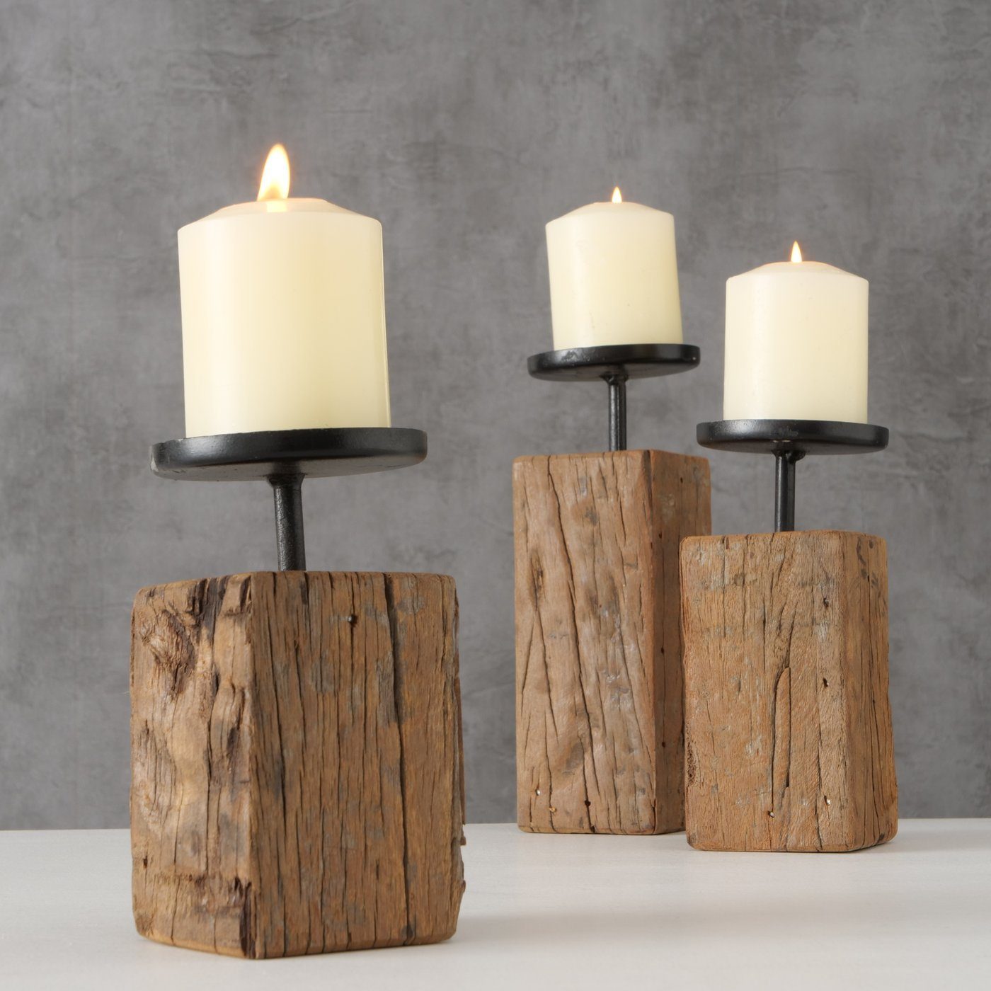 BOLTZE Kerzenleuchter Kerzenleuchter Solea 3-teilig aus Eisenbahnschwellenh günstig online kaufen